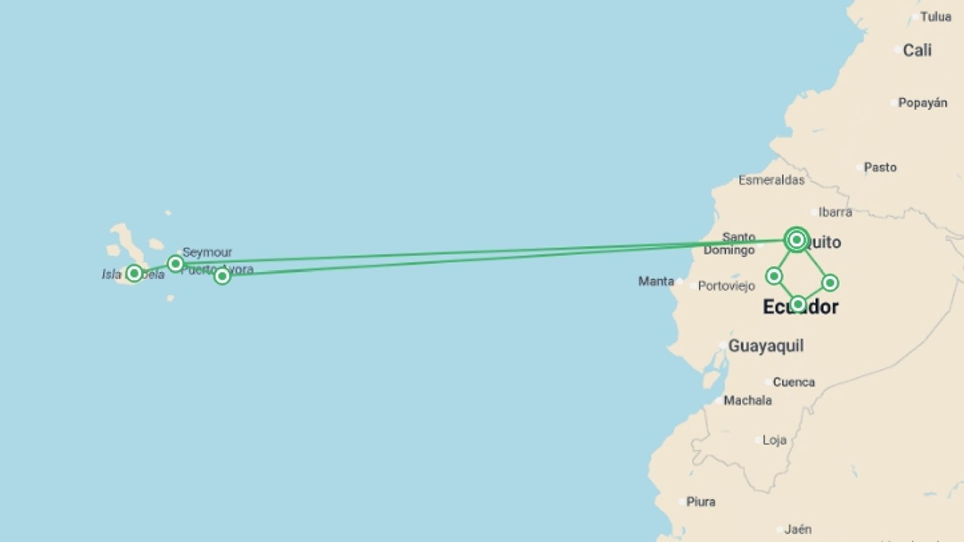 A map showing the tour itinerary for the trip: Ecuador to Galápagos: Jungle Beats & Island Heat, starting in Quito, Ecuador and ending in Quito, Ecuador going through 4 other destinations.