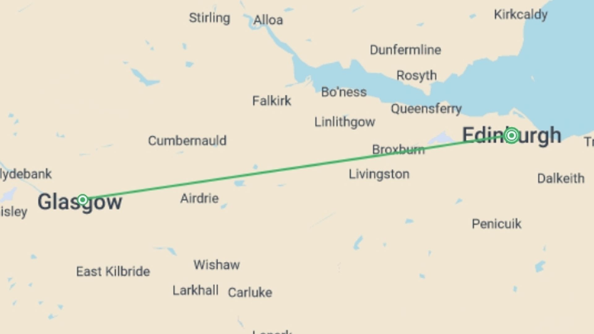 A map showing the tour itinerary for the trip: Edinburgh and Glasgow by Rail, starting in Edinburgh, Scotland and ending in Edinburgh, Scotland going through 2 other destinations.