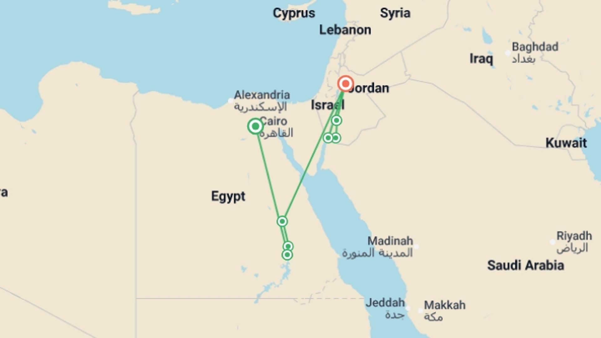 A map showing the tour itinerary for the trip: Egypt & Jordan Adventure, starting in Cairo, Egypt and ending in Amman, Jordan going through 8 other destinations.