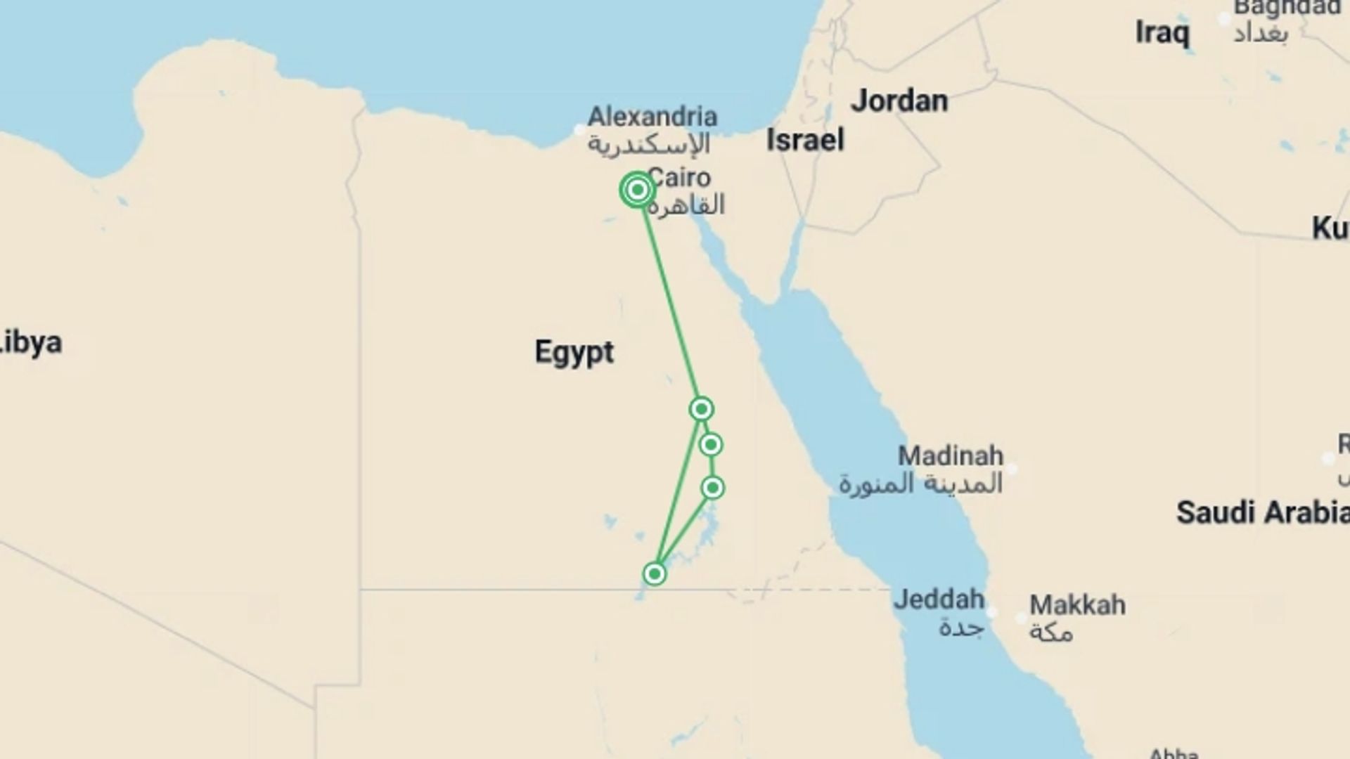 A map showing the tour itinerary for the trip: Egypt Eclipse Adventure 2027, starting in Cape Town, South Africa and ending in Cape Town, South Africa going through 4 other destinations.