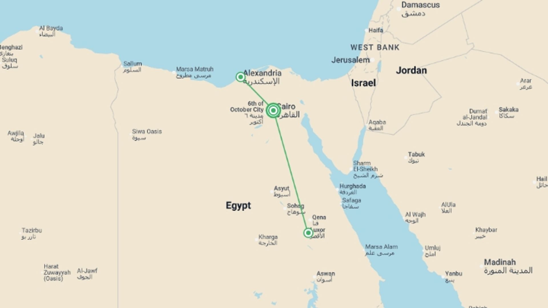 A map showing the tour itinerary for the trip: Egypt Heritage Tour, starting in Cairo, Egypt and ending in Cairo, Egypt going through 4 other destinations.