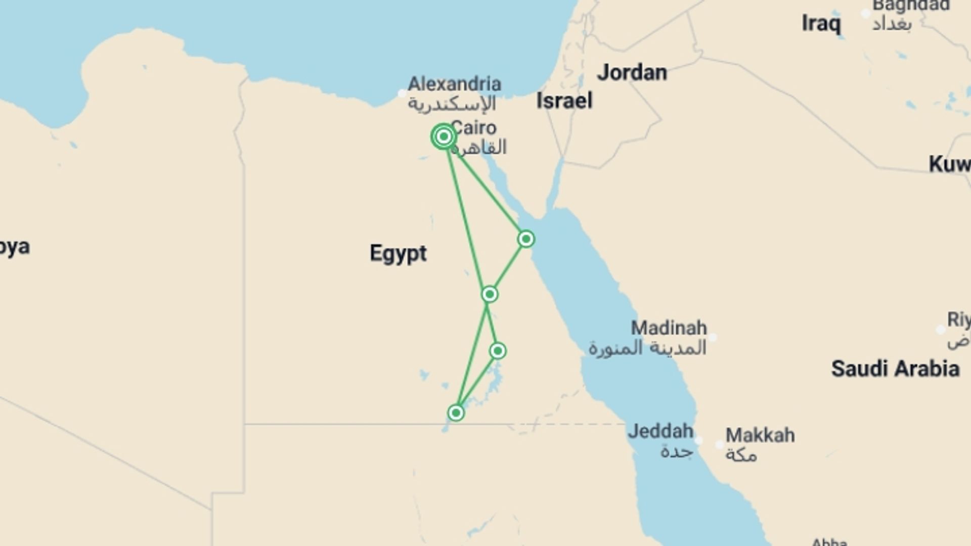A map showing the tour itinerary for the trip: Egypt Nile Adventure with Felucca Cruise, starting in Cairo, Egypt and ending in Cairo, Egypt going through 4 other destinations.