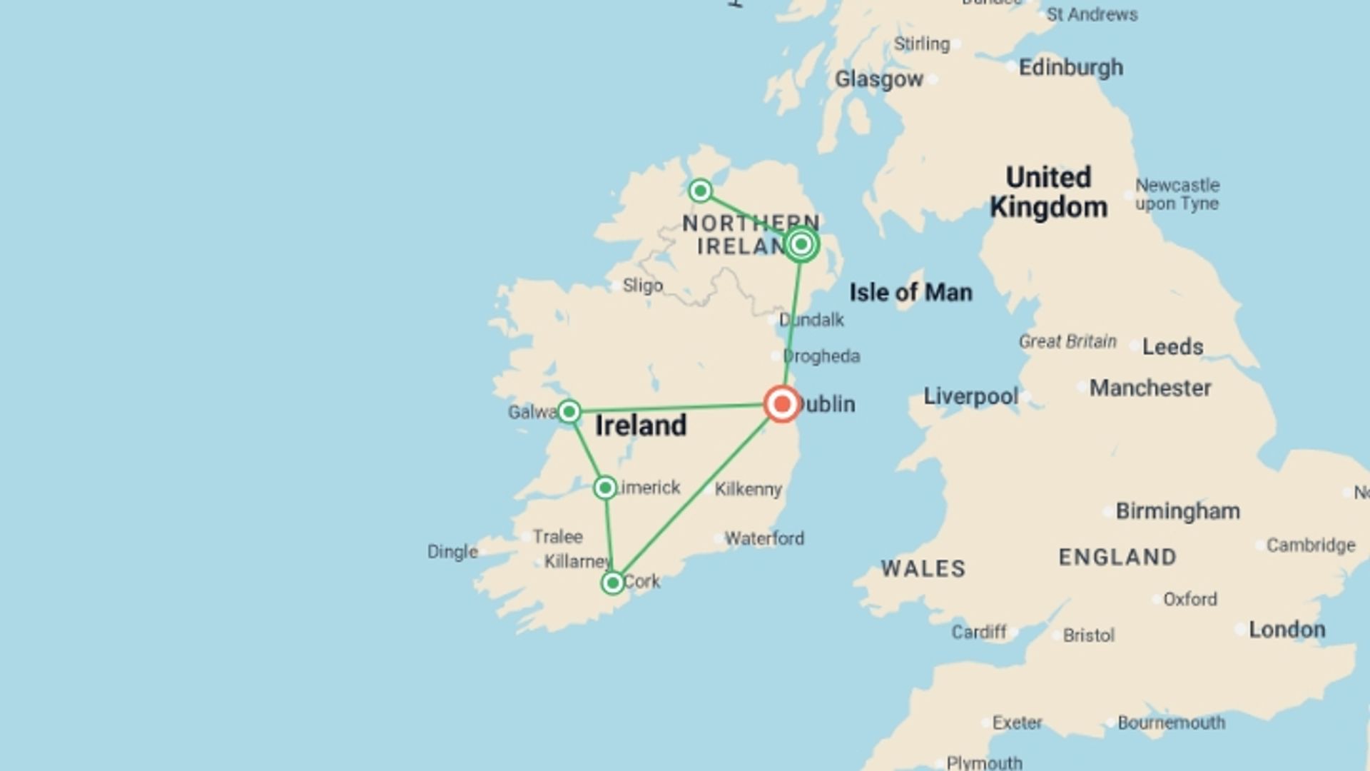 A map showing the tour itinerary for the trip: Emerald Isle Route, starting in Belfast, Ireland and ending in Dublin, Ireland going through 4 other destinations.
