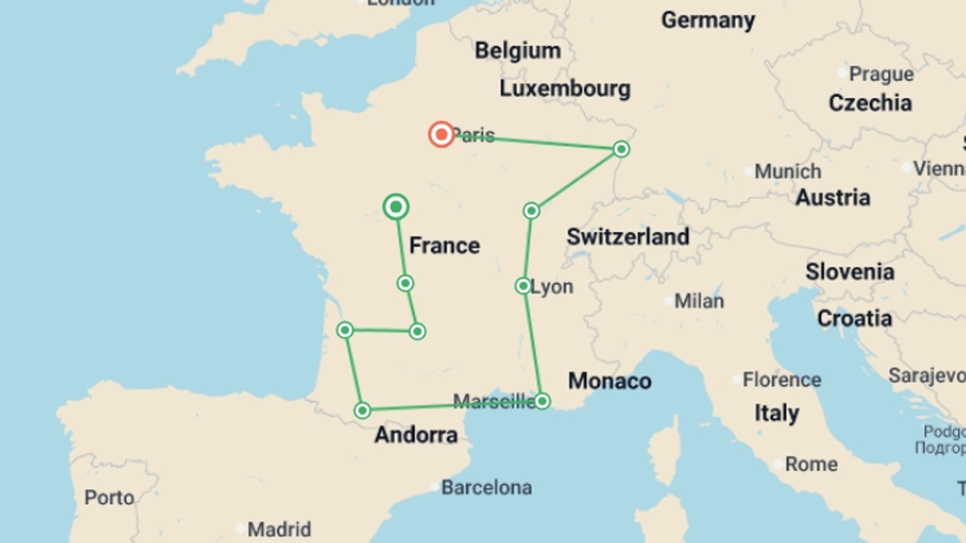 A map showing the tour itinerary for the trip: Enchanted France, starting in Paris, France and ending in Paris, France going through 8 other destinations.