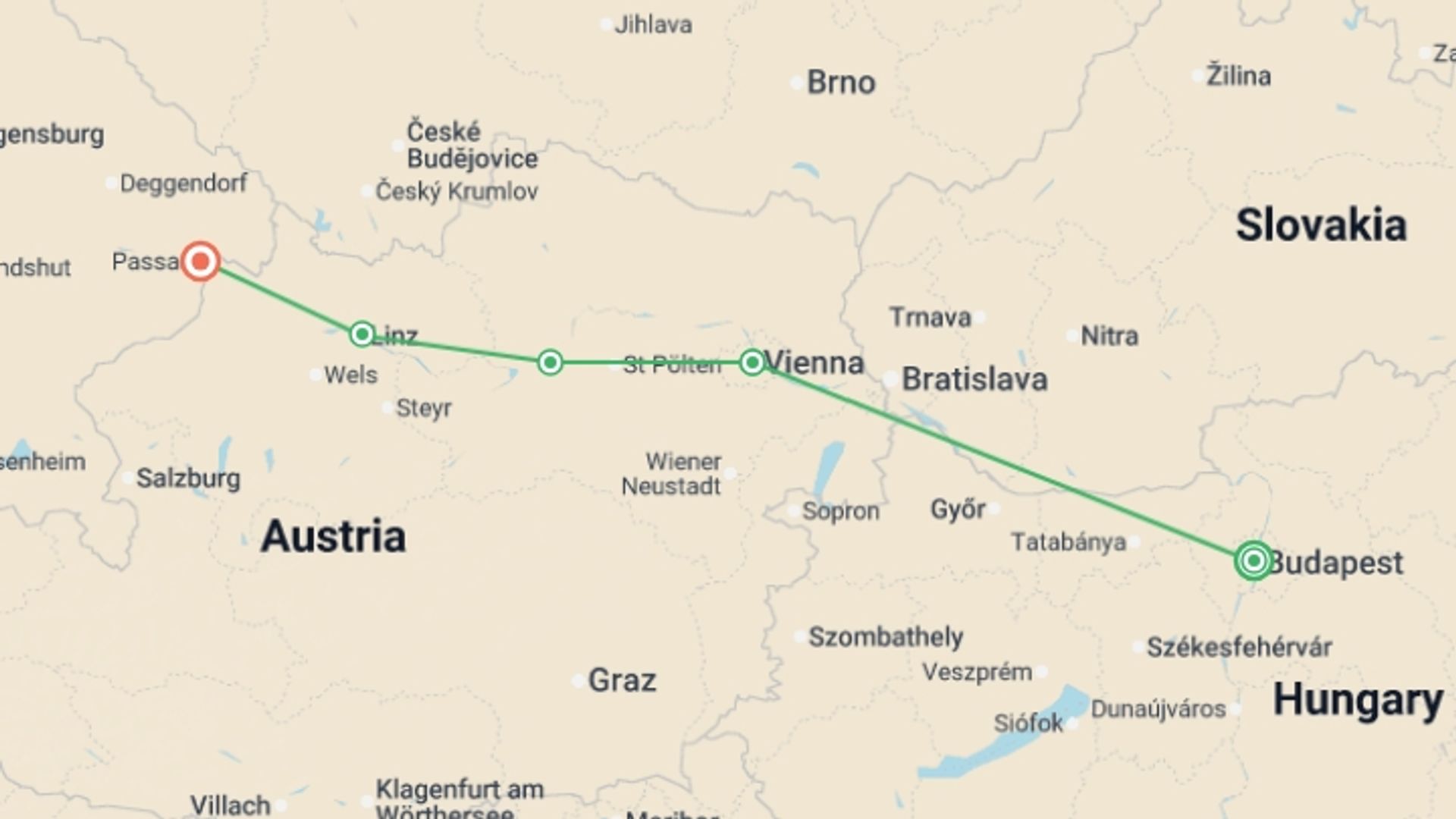 A map showing the tour itinerary for the trip: Enchanting Danube (2028), starting in Passau, Germany and ending in Budapest, Hungary going through 5 other destinations.
