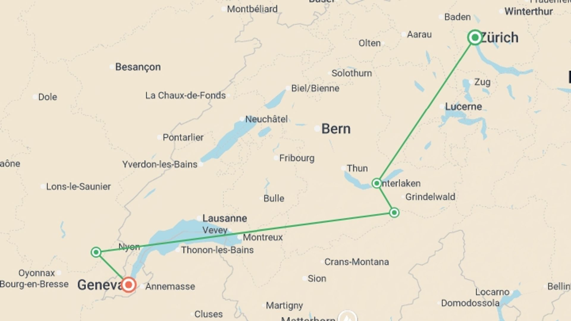 A map showing the tour itinerary for the trip: Enchanting Switzerland Small Group Tour 2026, starting in Zurich, Switzerland and ending in Geneva, Switzerland going through 3 other destinations.