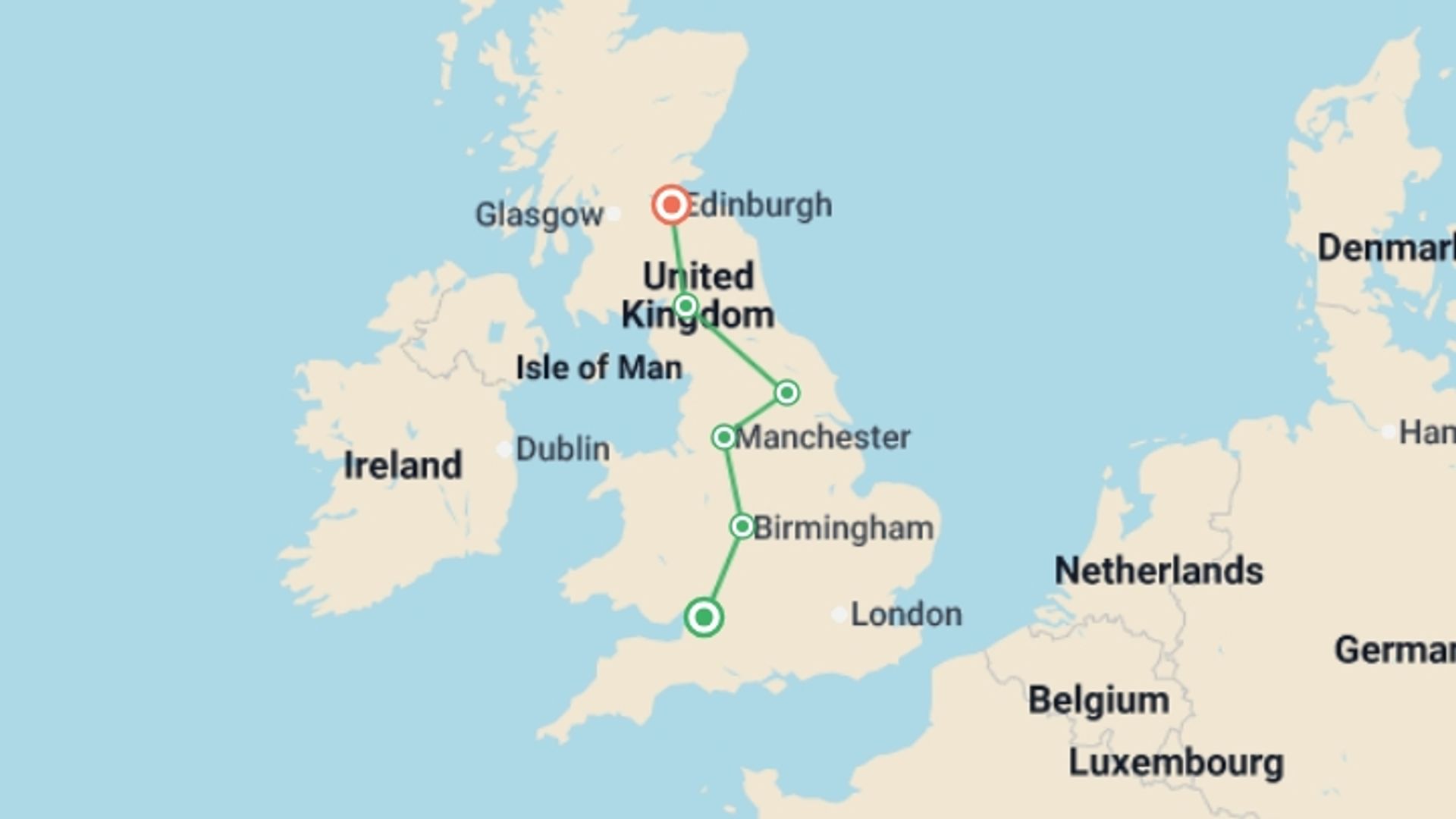 A map showing the tour itinerary for the trip: England in a Week, starting in London, England and ending in Edinburgh, Scotland going through 5 other destinations.