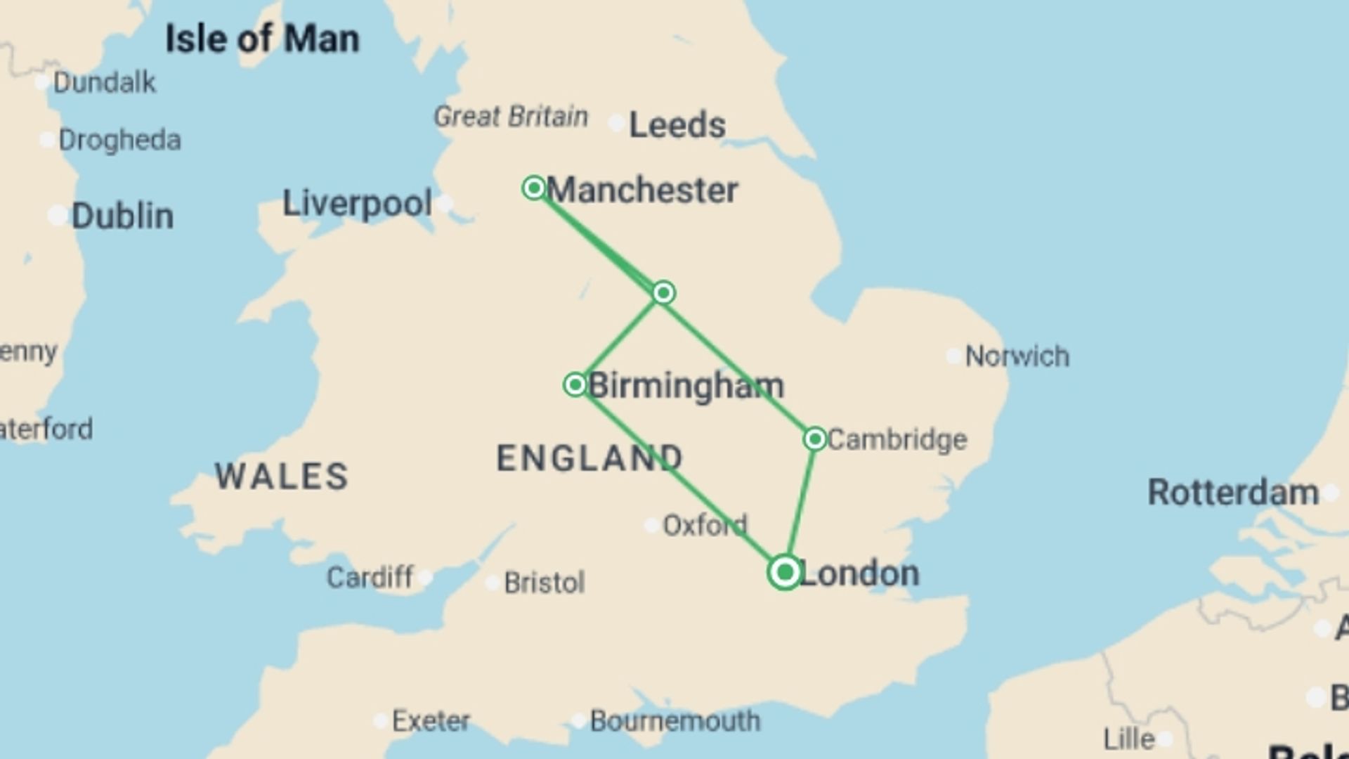 A map showing the tour itinerary for the trip: English Adventure, starting in London, England and ending in London, England going through 3 other destinations.