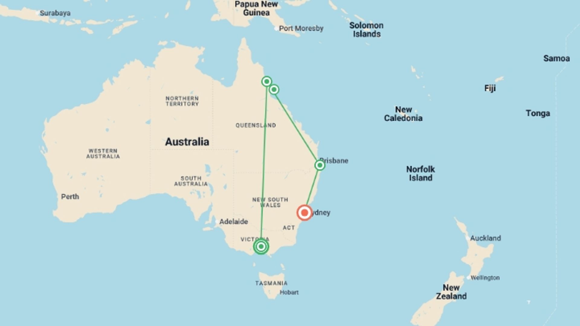 A map showing the tour itinerary for the trip: Essence of Australia - 14 days, starting in Melbourne, Australia and ending in Australia going through 4 other destinations.