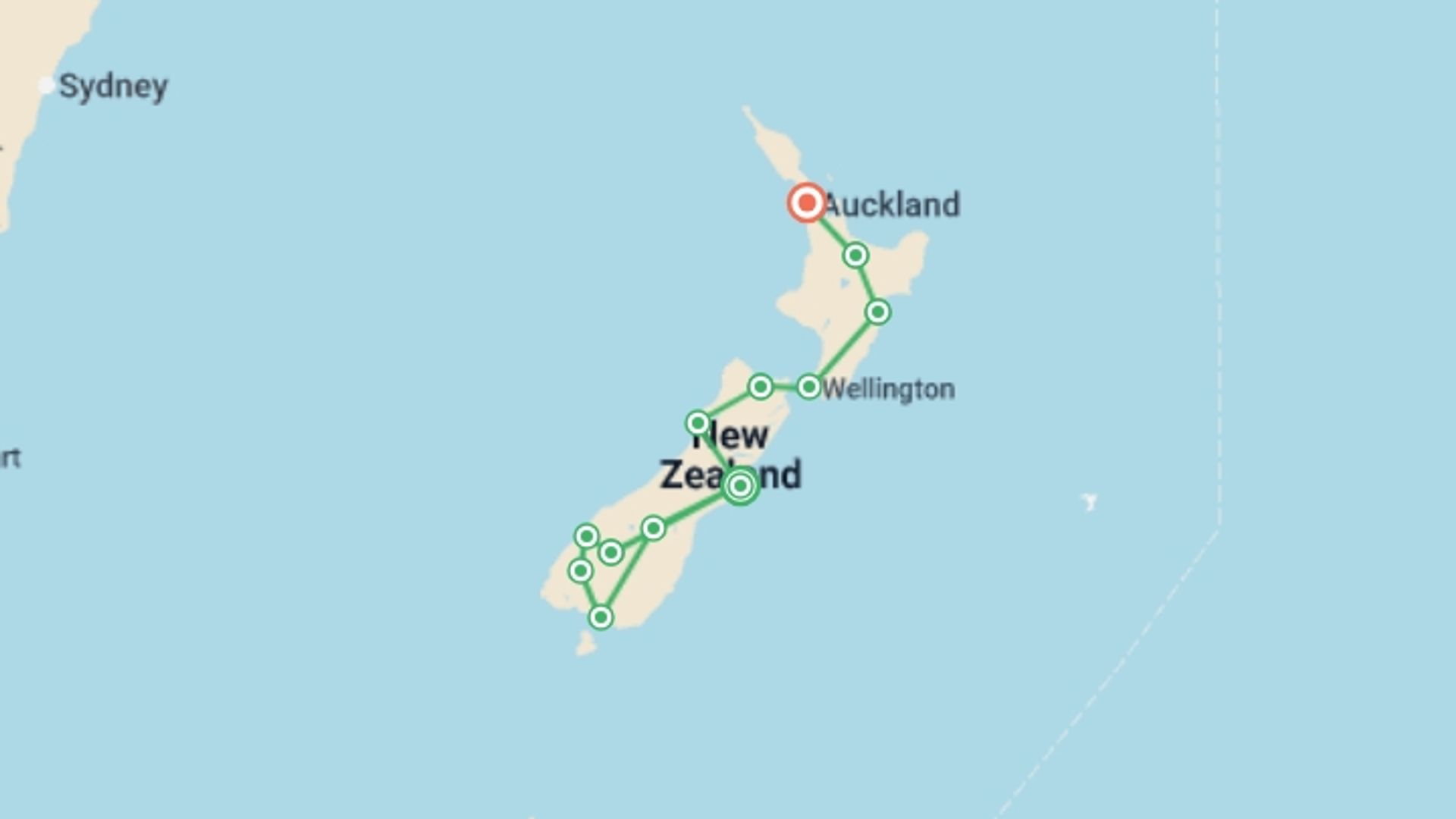 A map showing the tour itinerary for the trip: Essence of New Zealand, starting in Christchurch, New Zealand and ending in Auckland, New Zealand going through 8 other destinations.