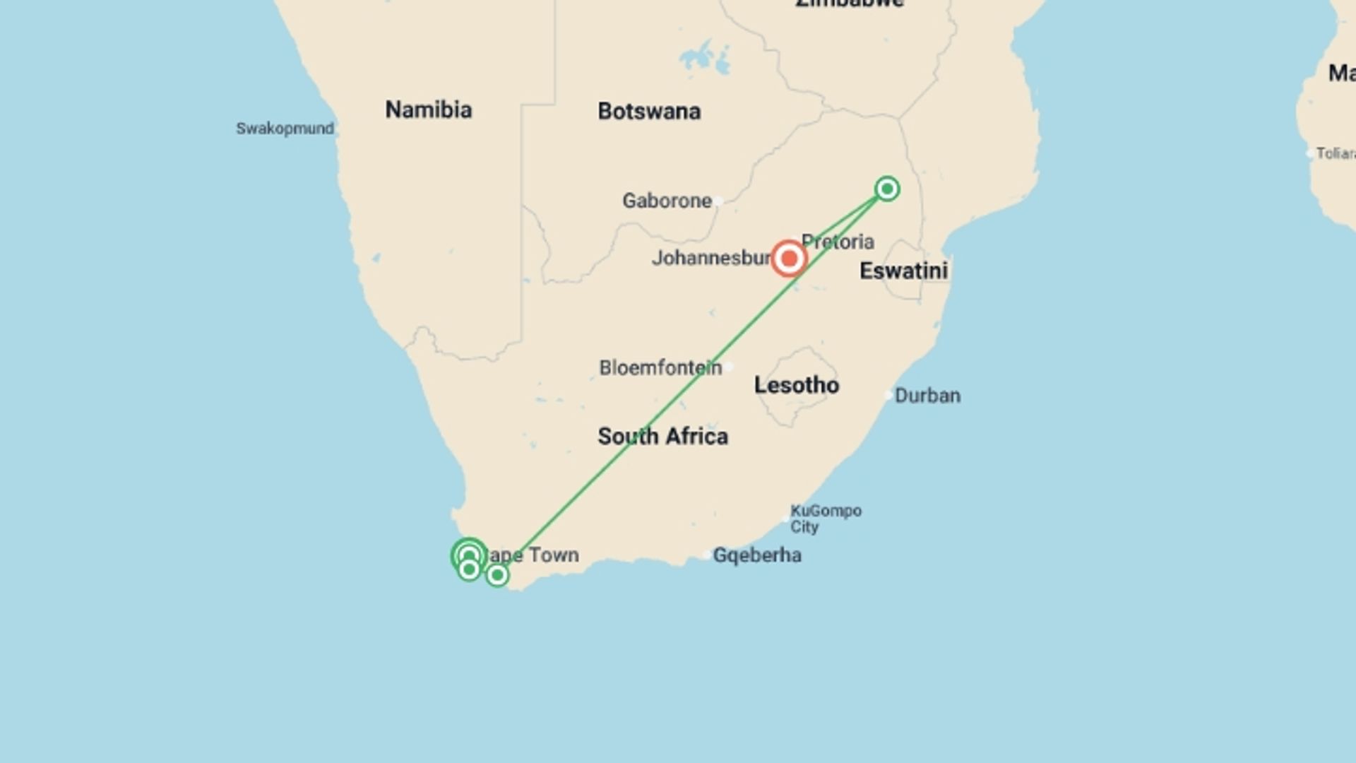A map showing the tour itinerary for the trip: Essence of South Africa, starting in Cape Town, South Africa and ending in Victoria Falls, Zimbabwe going through 5 other destinations.