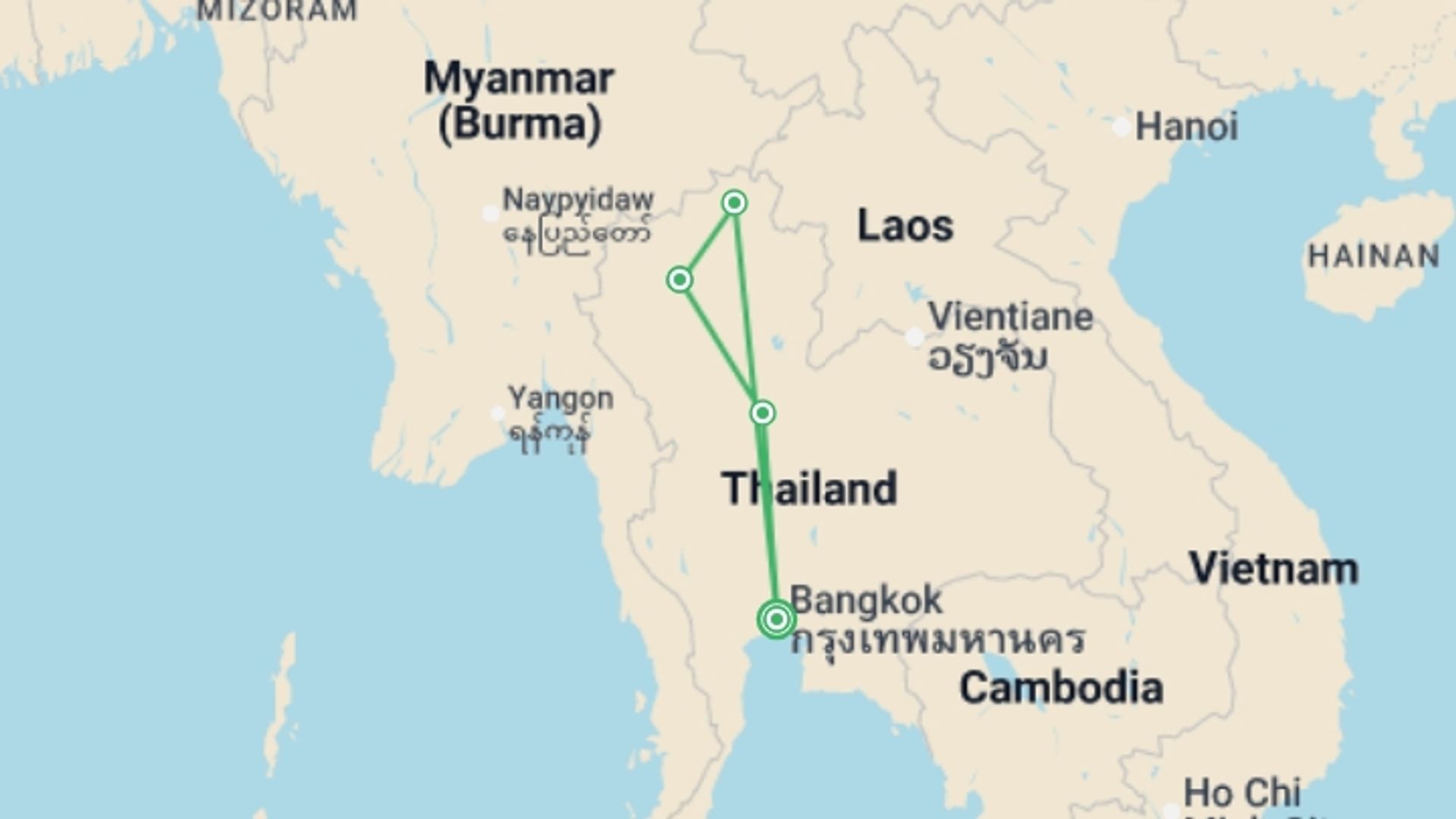 A map showing the tour itinerary for the trip: Essence of Thailand – Ending in Bangkok, starting in Bangkok, Thailand and ending in Bangkok, Thailand going through 3 other destinations.
