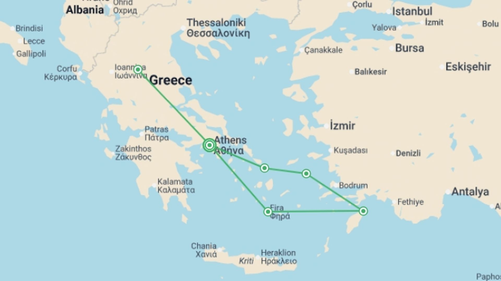 A map showing the tour itinerary for the trip: Essential Greece and Greek Isles Explorer, starting in Athens, Greece and ending in Athens, Greece going through 5 other destinations.