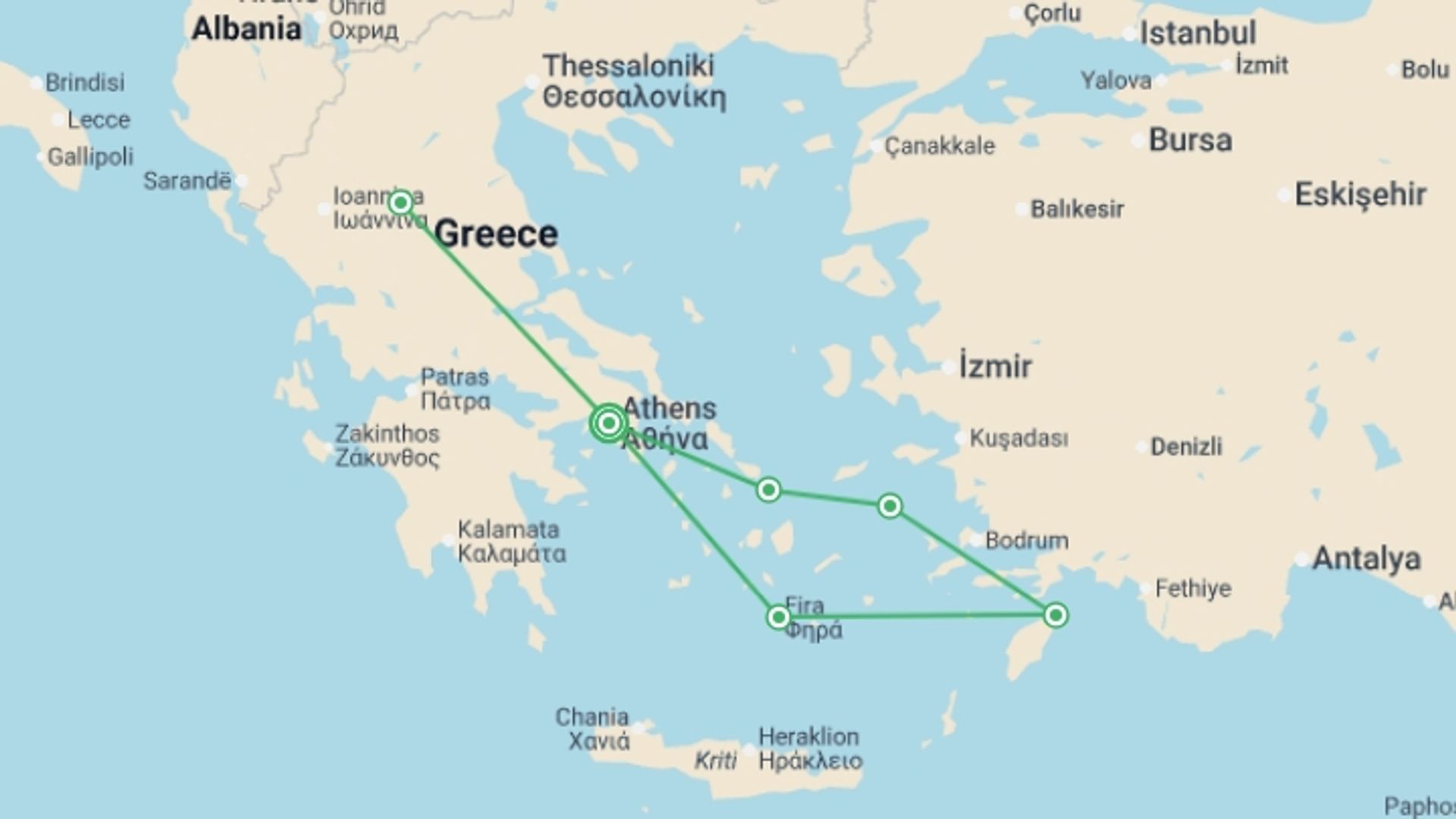 A map showing the tour itinerary for the trip: Essential Greece and Greek Isles Explorer, starting in Athens, Greece and ending in Athens, Greece going through 5 other destinations.