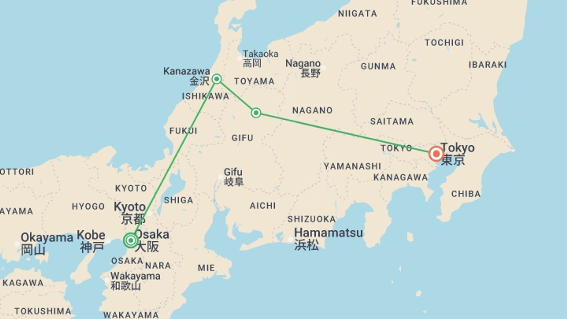 A map showing the tour itinerary for the trip: Essential Japan, starting in Osaka, Japan and ending in Tokyo, Japan going through 5 other destinations.