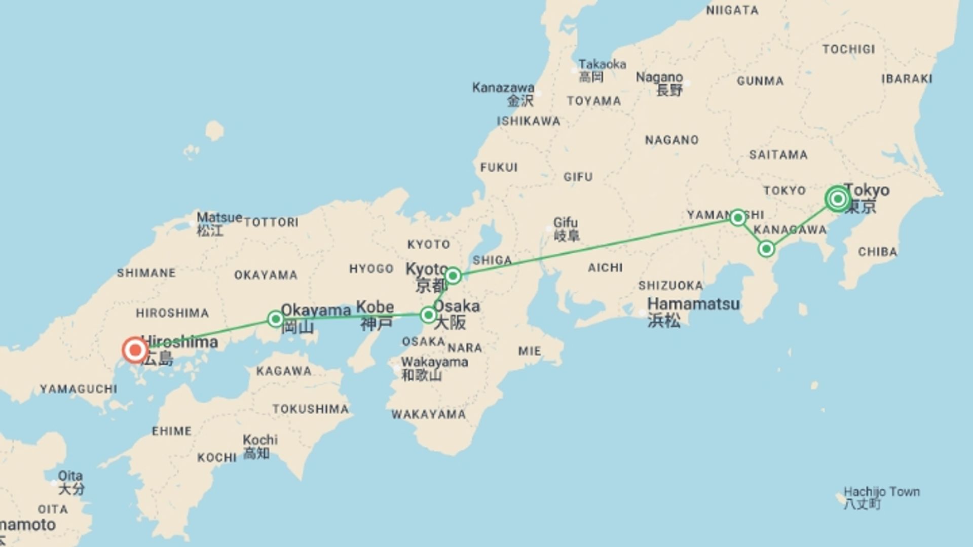 A map showing the tour itinerary for the trip: Essential Japan and Hakone end Hiroshima, starting in Tokyo, Japan and ending in Hiroshima, Japan going through 4 other destinations.