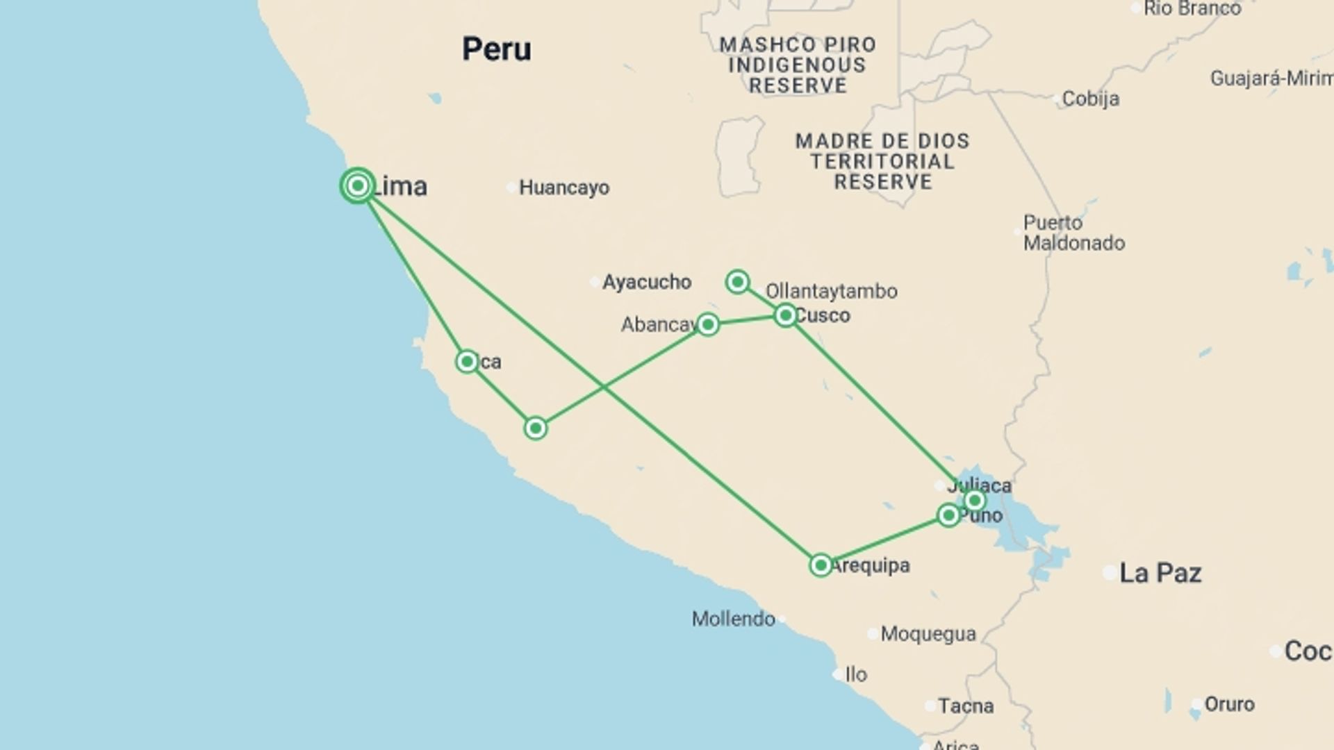 A map showing the tour itinerary for the trip: Essential Peru, starting in Lima, Peru and ending in Lima, Peru going through 8 other destinations.