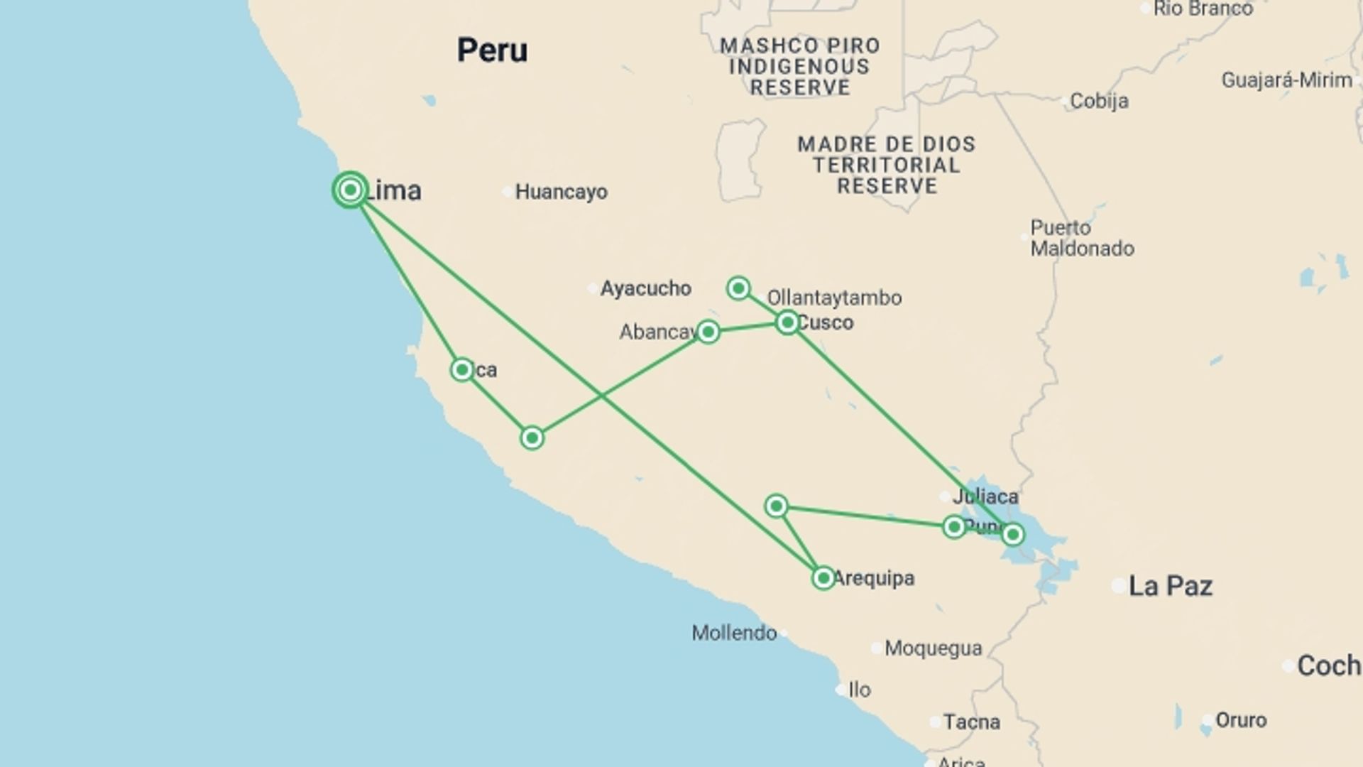 A map showing the tour itinerary for the trip: Essential Peru - Inti Raymi Festival Departure, starting in Lima, Peru and ending in Lima, Peru going through 9 other destinations.