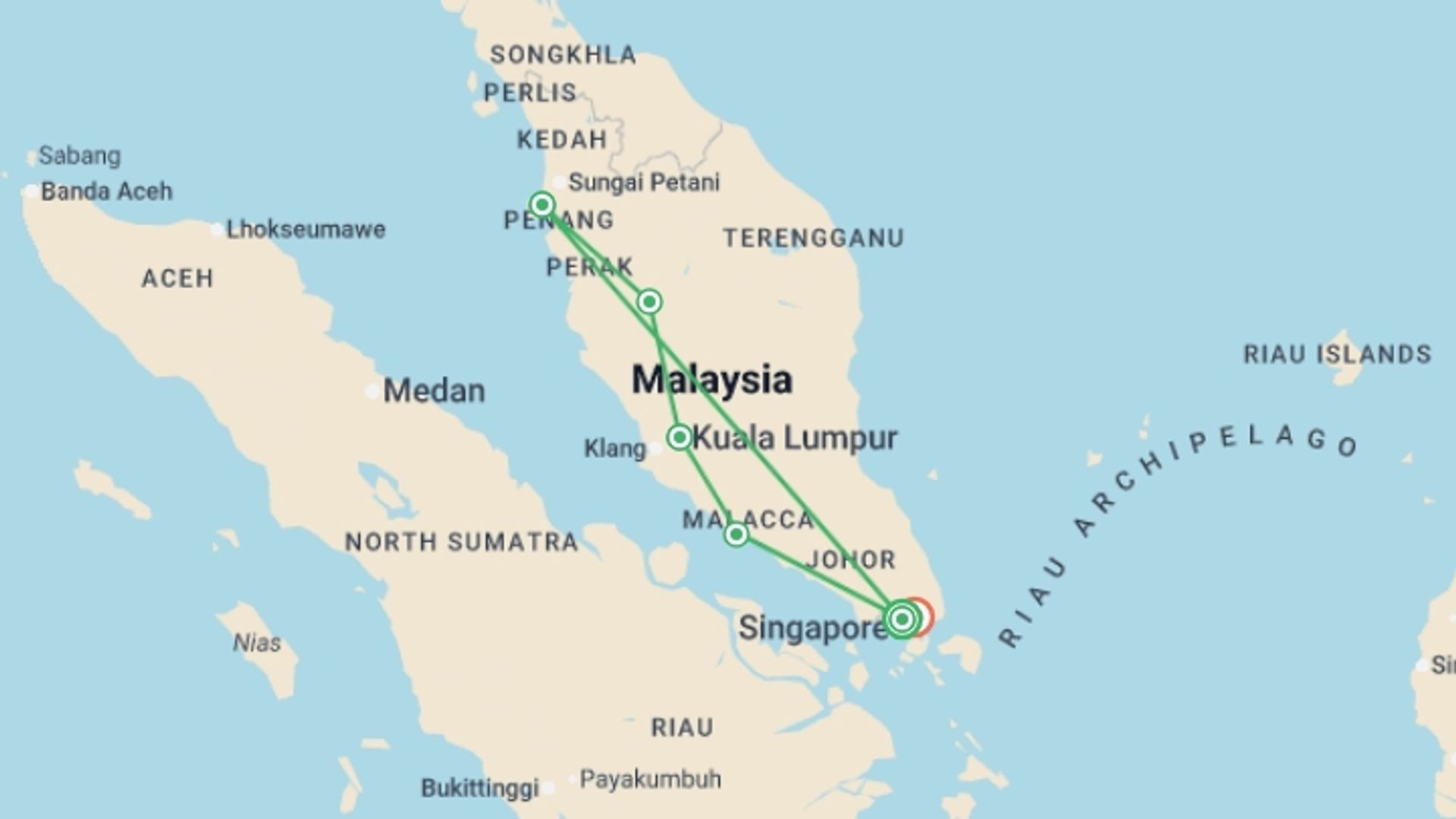 A map showing the tour itinerary for the trip: Essential Singapore and Malaysia, starting in Singapore, Singapore and ending in Singapore, Singapore going through 4 other destinations.