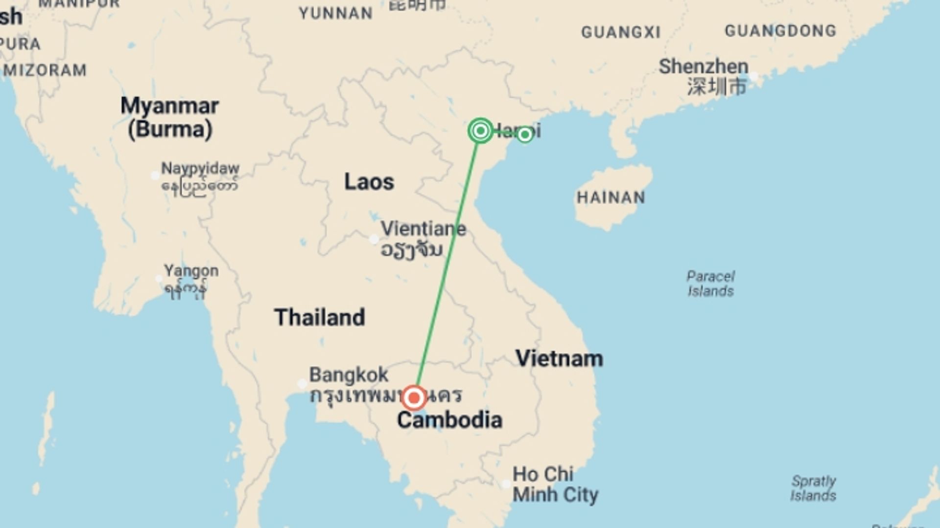 A map showing the tour itinerary for the trip: Essential Vietnam And Cambodia, starting in Hanoi, Vietnam and ending in Siem Reap, Cambodia going through 3 other destinations.