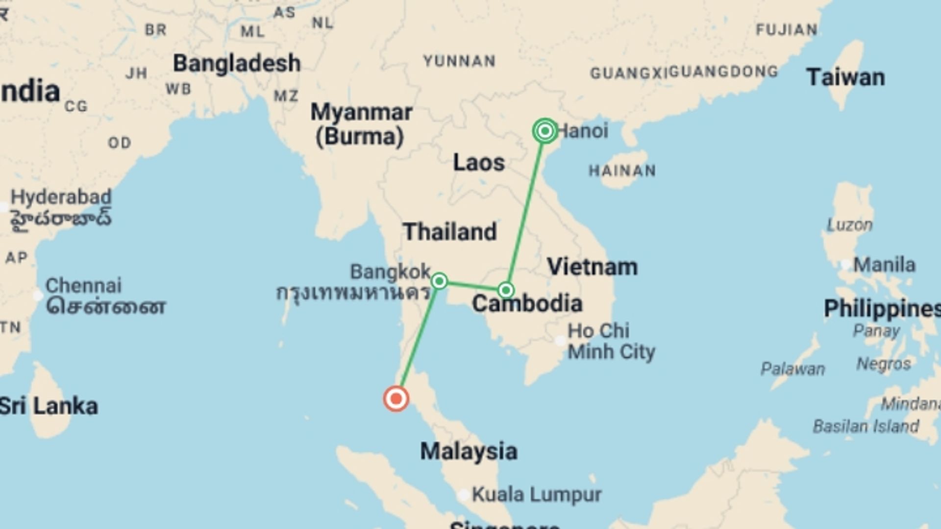 A map showing the tour itinerary for the trip: Essential Vietnam Cambodia and Thailand, starting in Hanoi, Vietnam and ending in Phuket, Thailand going through 4 other destinations.