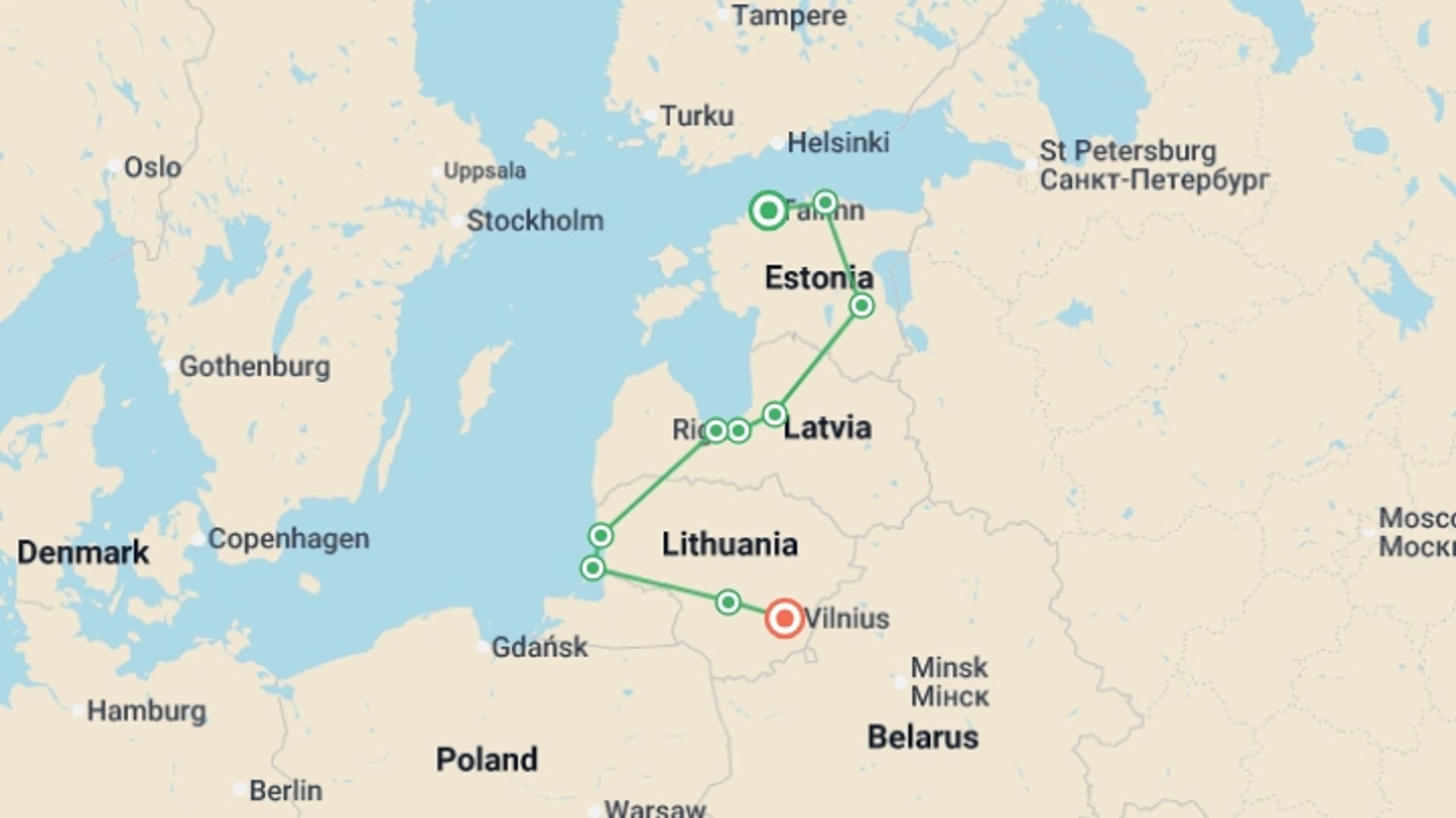 A map showing the tour itinerary for the trip: Estonia to Lithuania Self Guided Cycle, starting in Tallinn, Estonia and ending in Vilnius, Lithuania going through 6 other destinations.