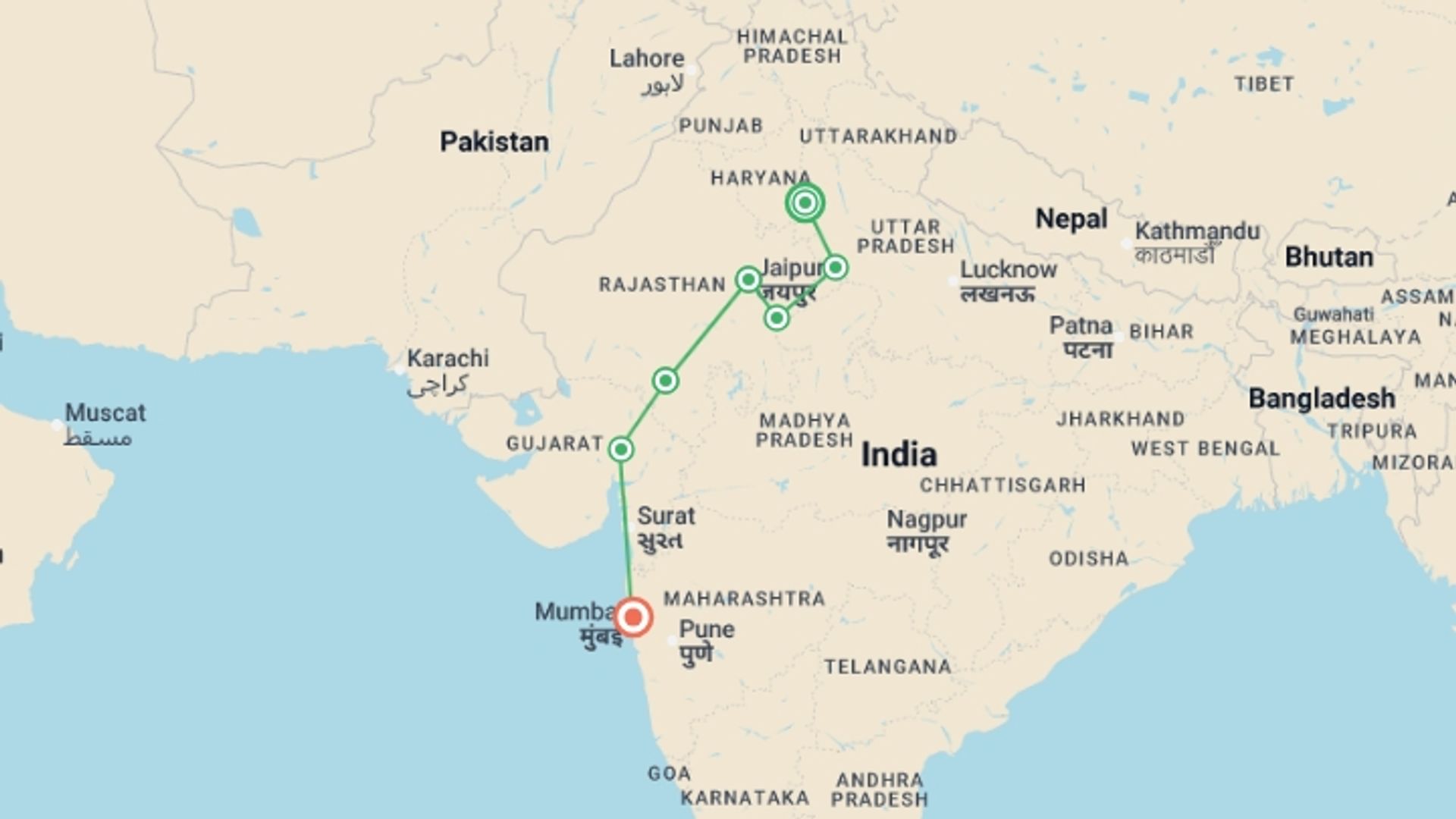 A map showing the tour itinerary for the trip: India: Agra, Rajasthan & Mumbai, starting in New Delhi, India and ending in Mumbai, India going through 8 other destinations.