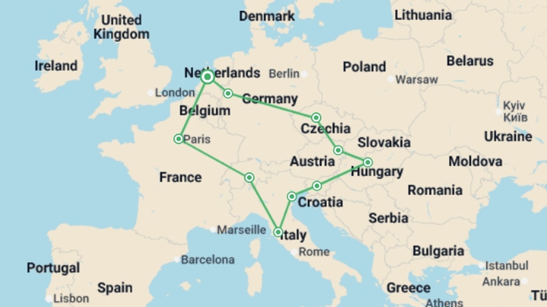 A map showing the tour itinerary for the trip: Europe Jewel, starting in Amsterdam, Holland and ending in Amsterdam, Holland going through 10 other destinations.