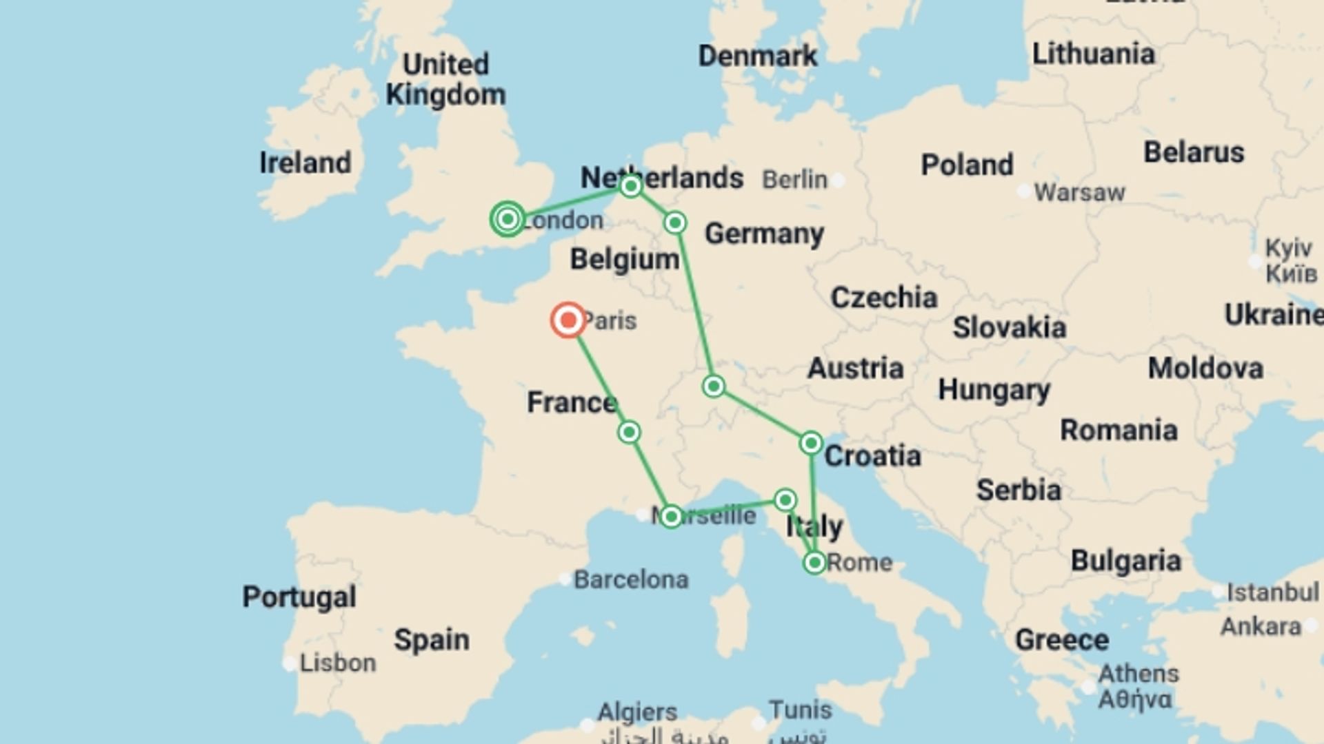 A map showing the tour itinerary for the trip: European Accent, starting in Amsterdam, Holland and ending in Paris, France going through 9 other destinations.