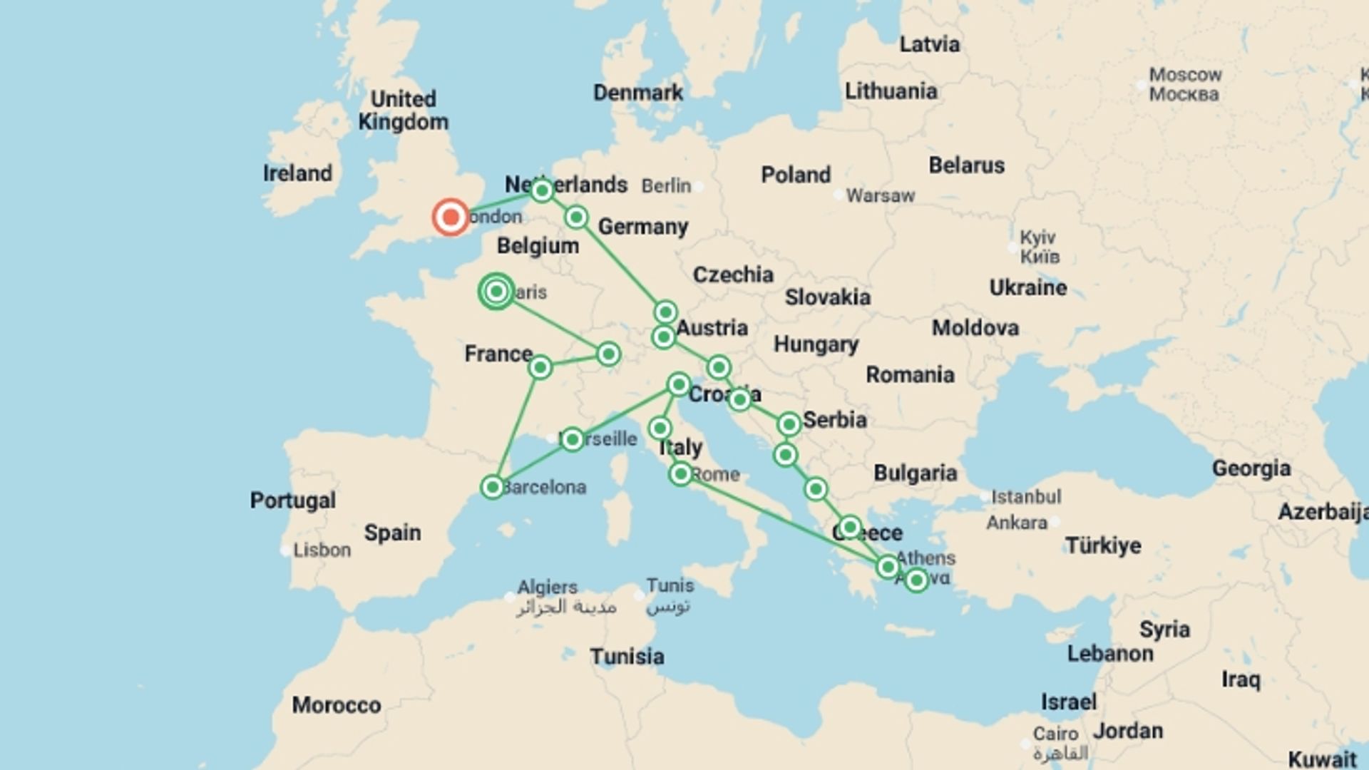 A map showing the tour itinerary for the trip: European Adventurer, starting in London, England and ending in London, England going through 1 other destinations.