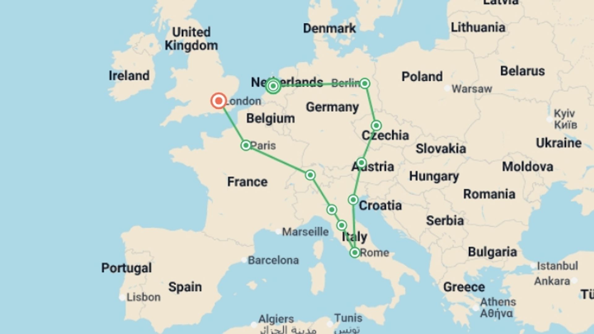 A map showing the tour itinerary for the trip: European Encounter, starting in London, England and ending in London, England going through 11 other destinations.