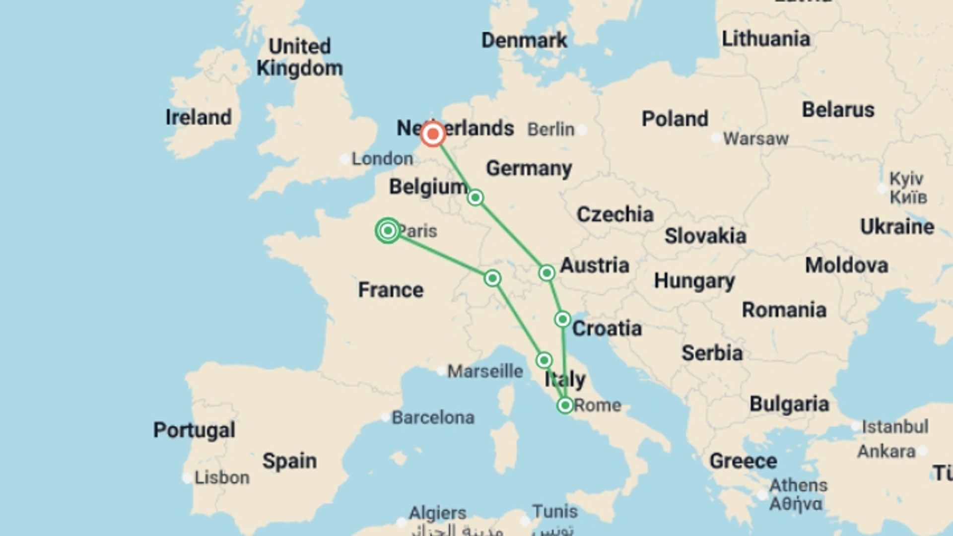 A map showing the tour itinerary for the trip: European Experience, starting in London, England and ending in Amsterdam, Holland going through 9 other destinations.