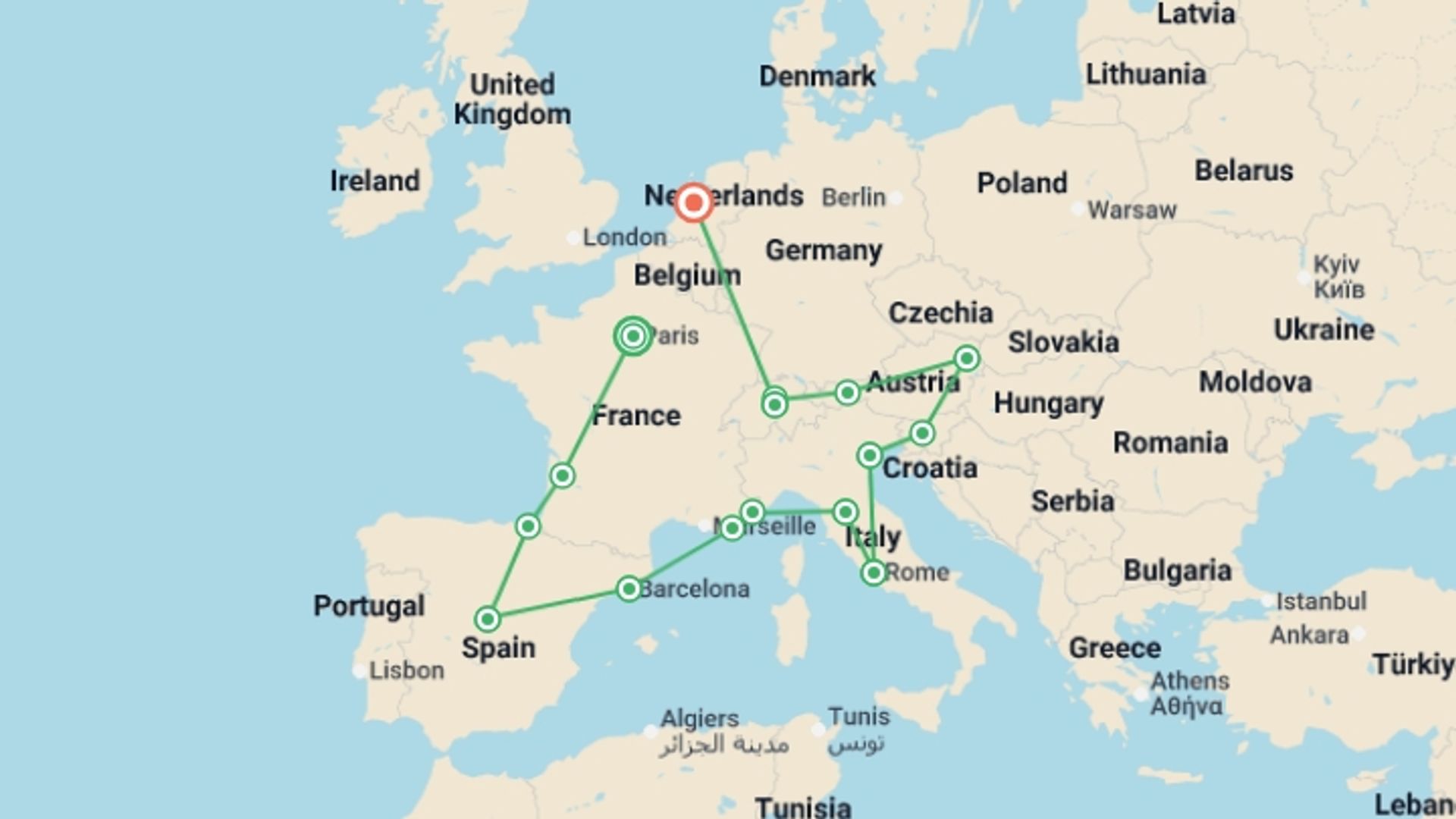 A map showing the tour itinerary for the trip: European Grandeur, starting in Paris, France and ending in London, England going through 14 other destinations.