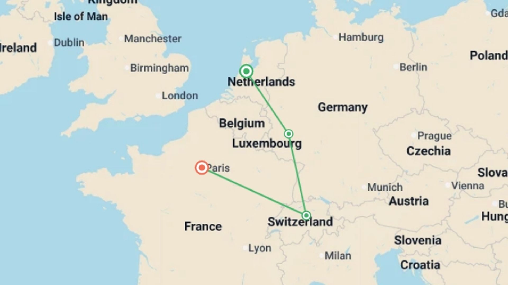 A map showing the tour itinerary for the trip: European Highlights, starting in Amsterdam, Holland and ending in Paris, France going through 5 other destinations.