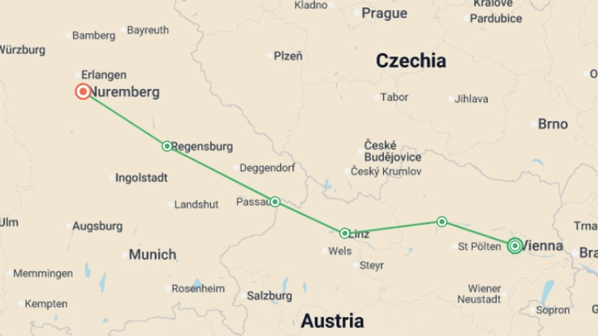 A map showing the tour itinerary for the trip: European Holiday Markets (2028), starting in Vienna, Austria and ending in Nuremberg, Germany going through 5 other destinations.