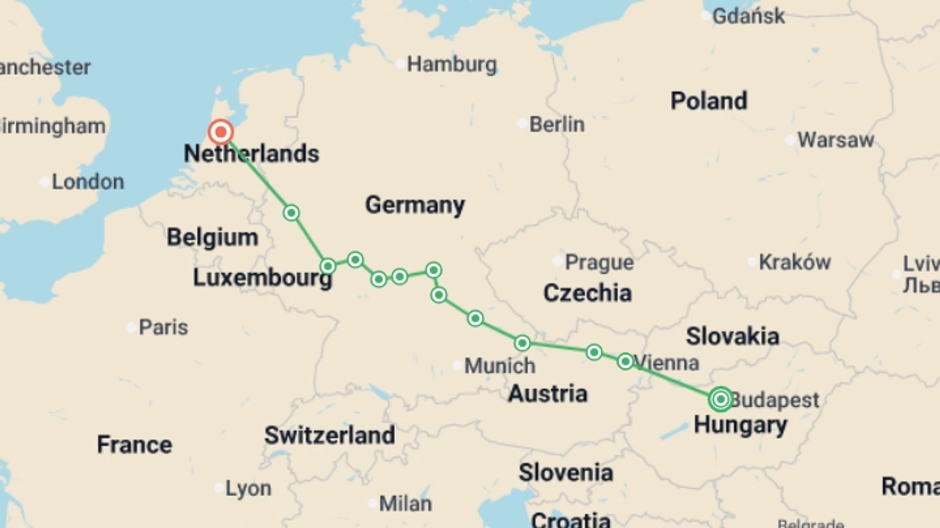 A map showing the tour itinerary for the trip: European Jewels (2028), starting in Budapest, Hungary and ending in Amsterdam, Holland going through 10 other destinations.