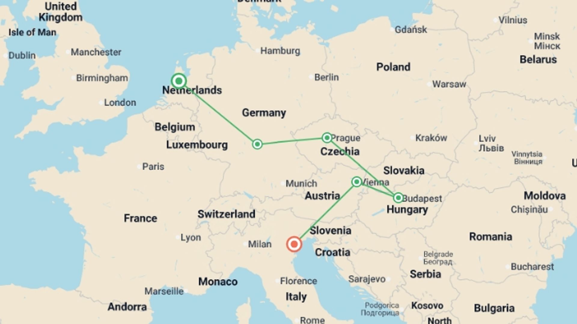 A map showing the tour itinerary for the trip: European Rhapsody, starting in London, England and ending in Venice, Italy going through 6 other destinations.