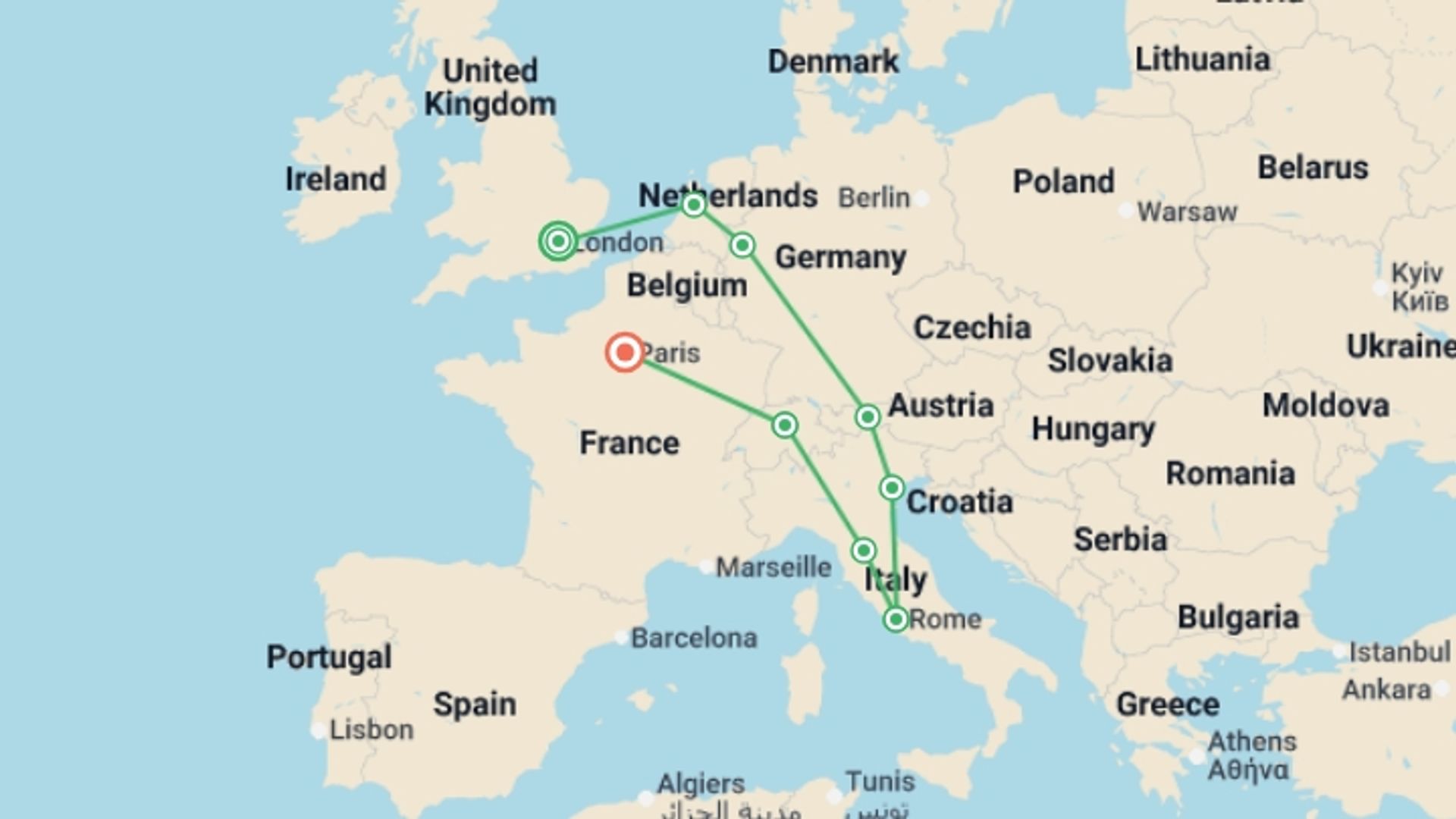 A map showing the tour itinerary for the trip: European Whirl, starting in Brussels, Belgium and ending in Paris, France going through 9 other destinations.