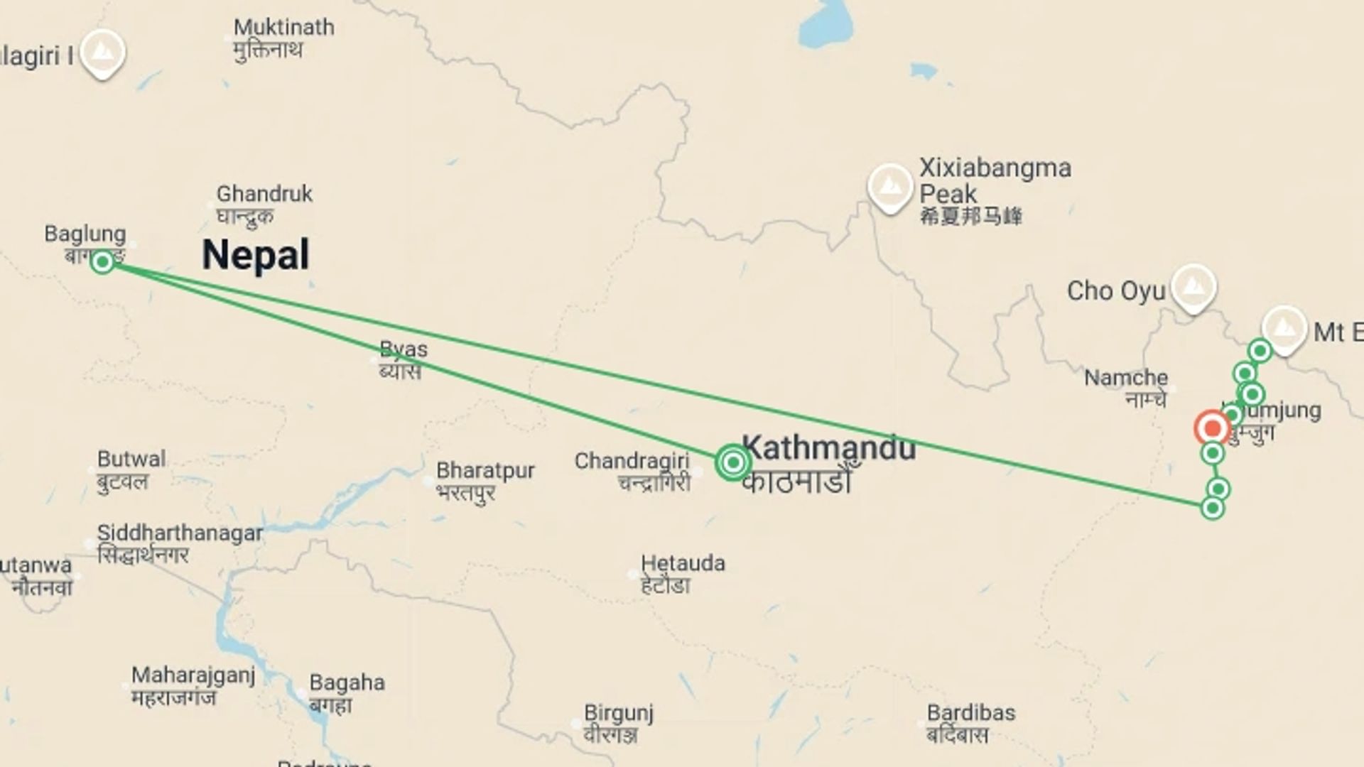A map showing the tour itinerary for the trip: Everest Base Camp, starting in Kathmandu, Nepal and ending in Kathmandu, Nepal going through 2 other destinations.