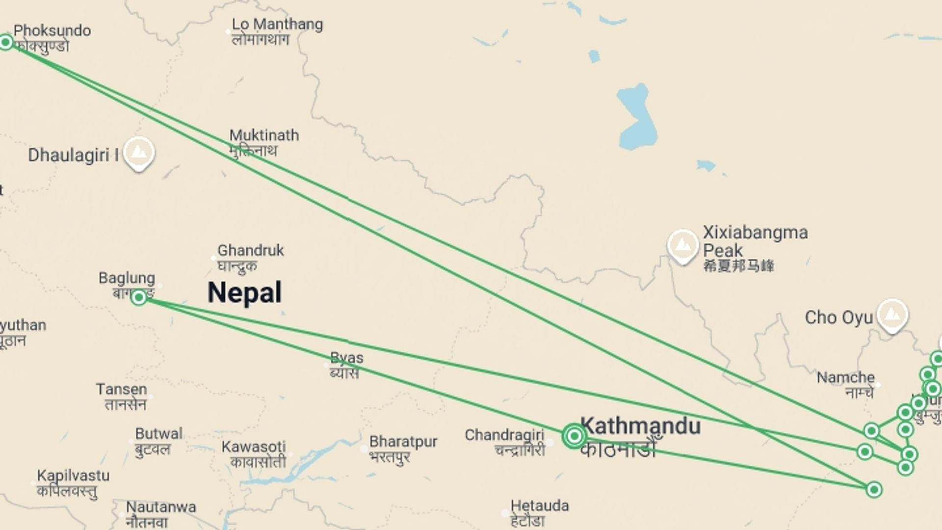 A map showing the tour itinerary for the trip: Everest Base Camp, starting in Kathmandu, Nepal and ending in Kathmandu, Nepal going through 2 other destinations.