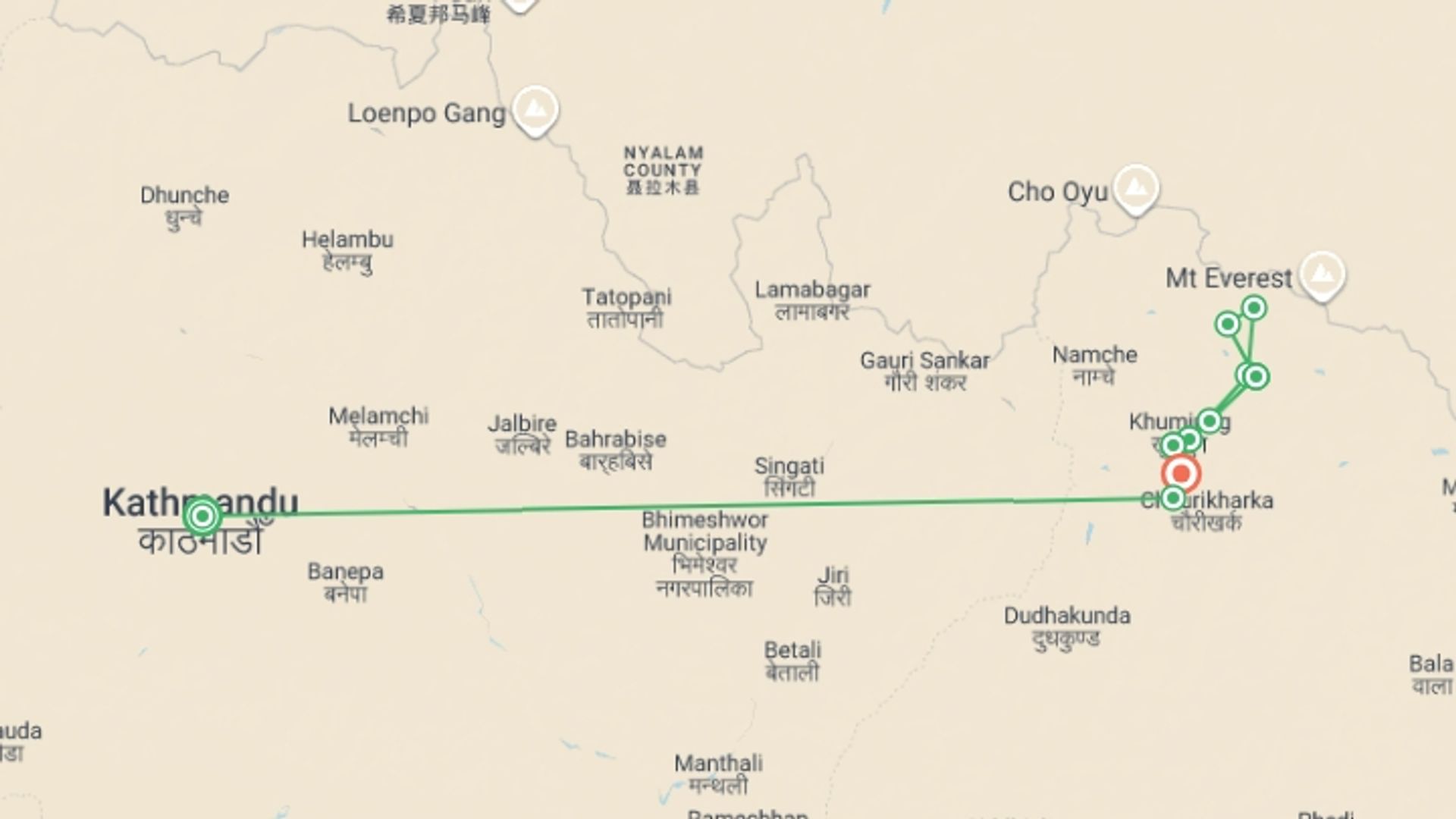 A map showing the tour itinerary for the trip: Everest Base Camp Trek, starting in Kathmandu, Nepal and ending in Kathmandu, Nepal going through 3 other destinations.