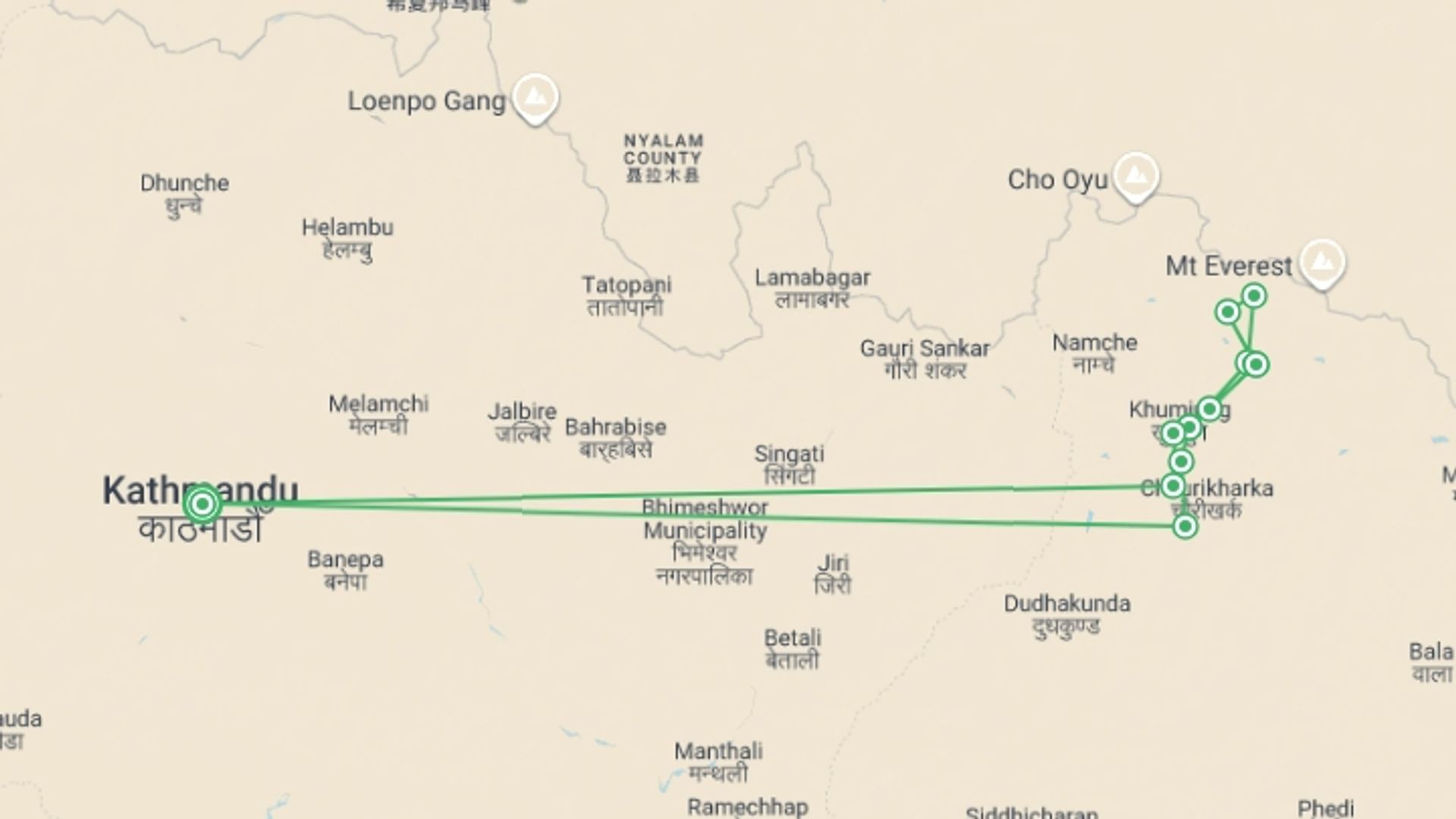 A map showing the tour itinerary for the trip: Everest Base Camp Trek, starting in Kathmandu, Nepal and ending in Kathmandu, Nepal going through 3 other destinations.