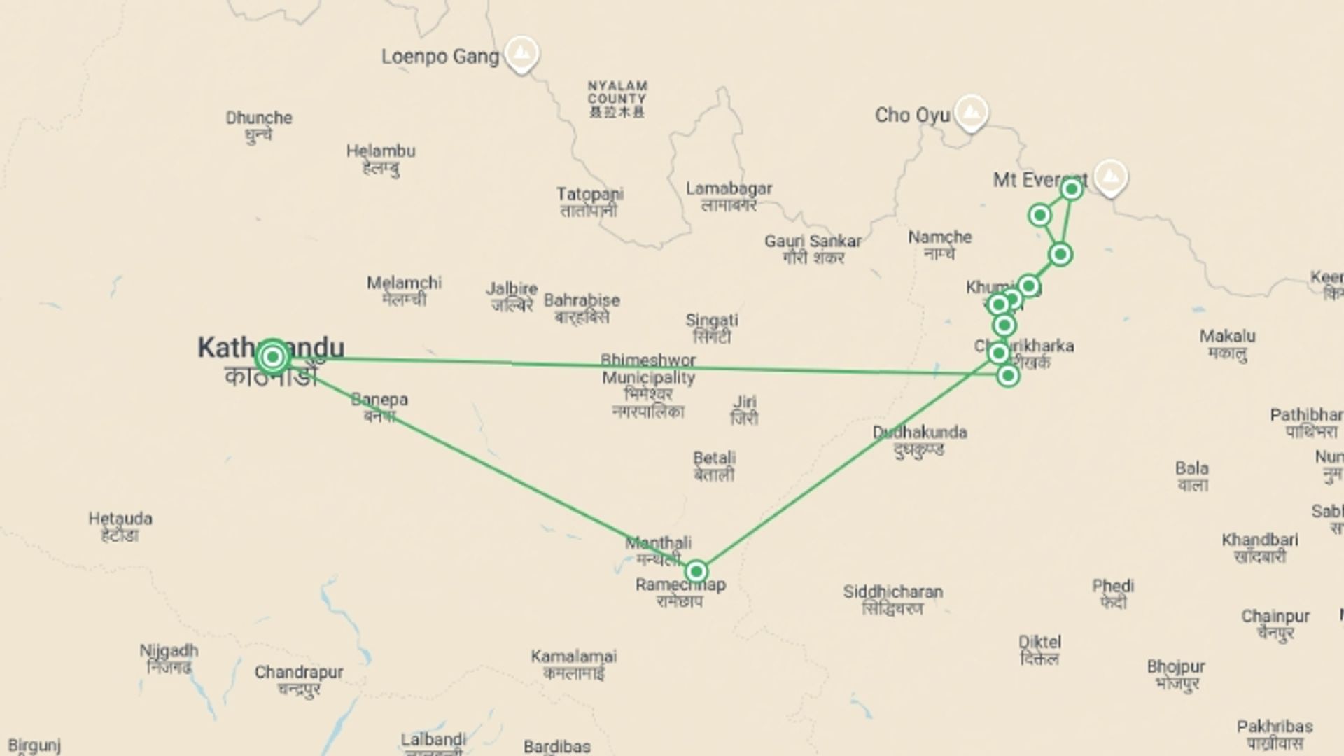 A map showing the tour itinerary for the trip: Everest Base Camp Trek - Private Comfort Camps, starting in Kathmandu, Nepal and ending in Kathmandu, Nepal going through 4 other destinations.
