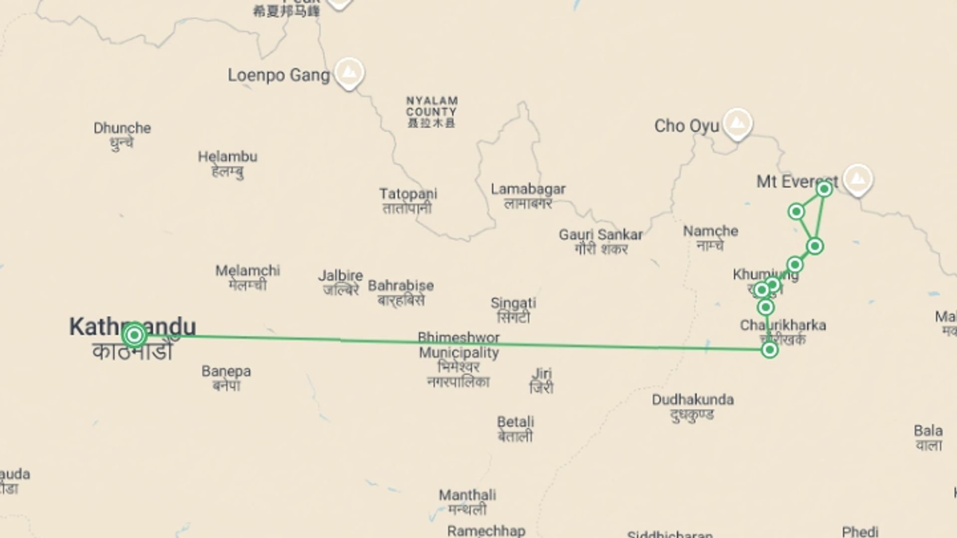 A map showing the tour itinerary for the trip: Everest Base Camp Trek - Private Comfort Camps, starting in Kathmandu, Nepal and ending in Kathmandu, Nepal going through 4 other destinations.