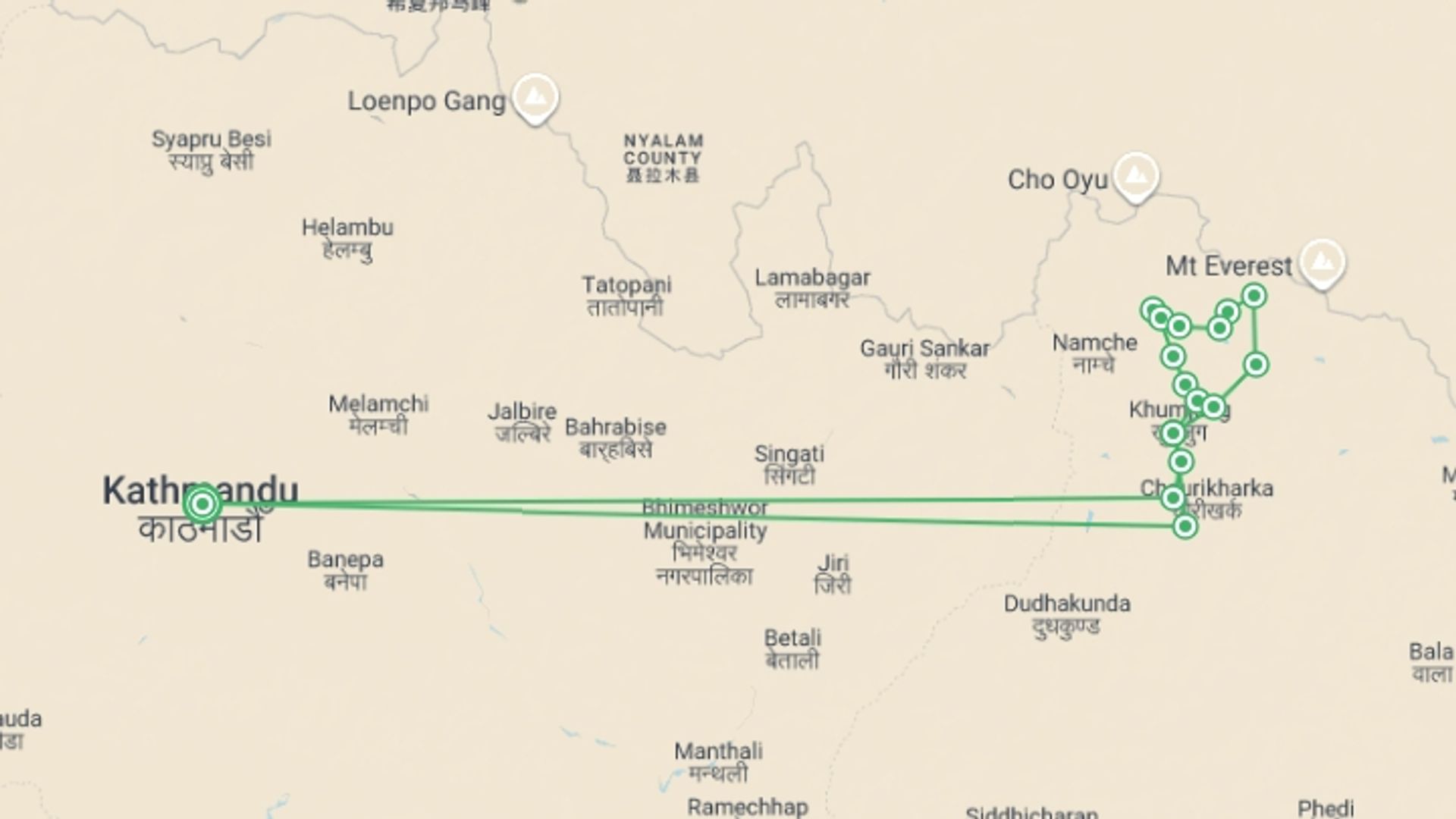 A map showing the tour itinerary for the trip: Everest Circuit & the Cho La - Private Comfort Camps, starting in Kathmandu, Nepal and ending in Kathmandu, Nepal going through 6 other destinations.