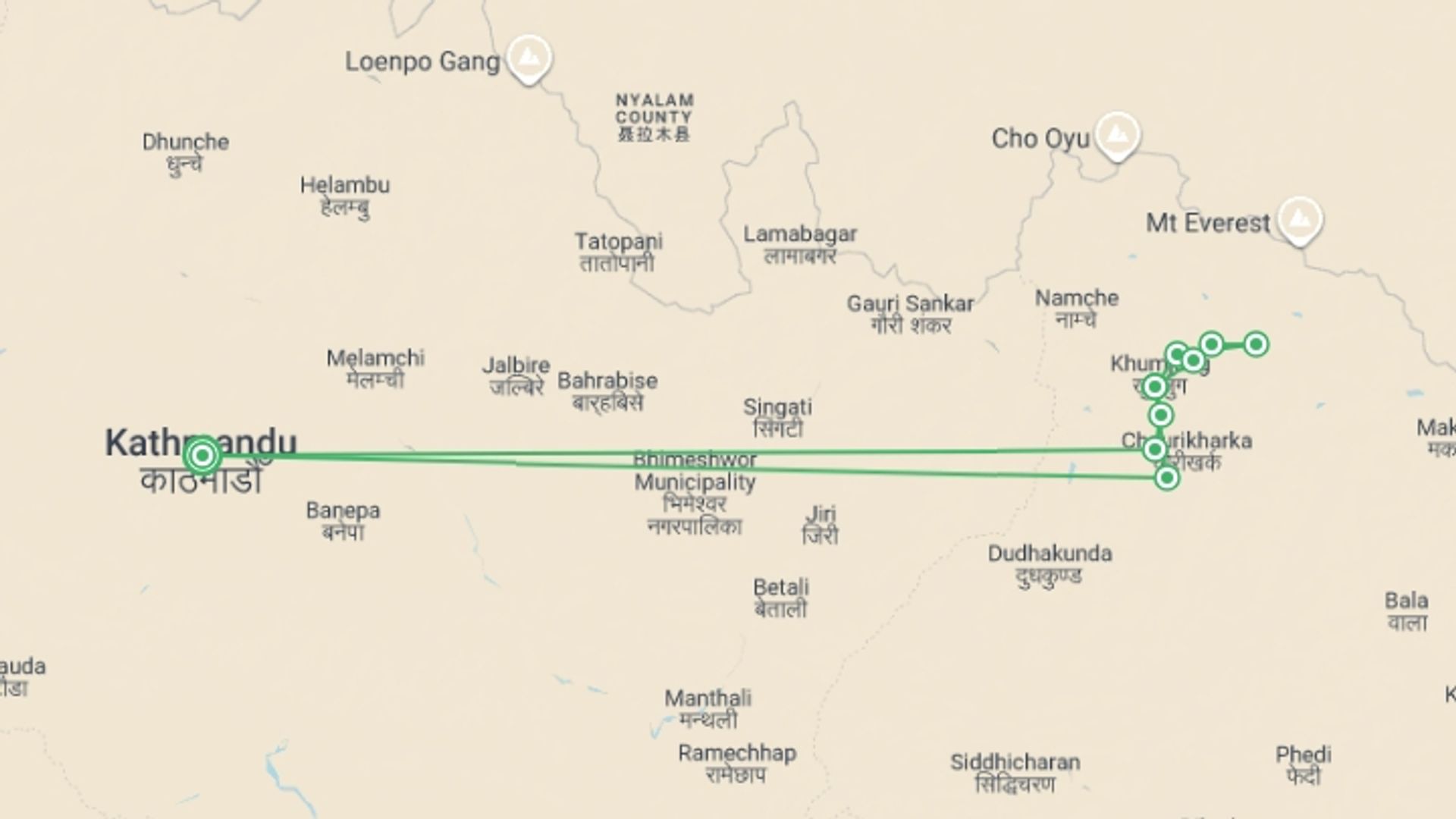 A map showing the tour itinerary for the trip: Everest Trails to Ama Dablam - Private Comfort Camps, starting in Kathmandu, Nepal and ending in Kathmandu, Nepal going through 4 other destinations.