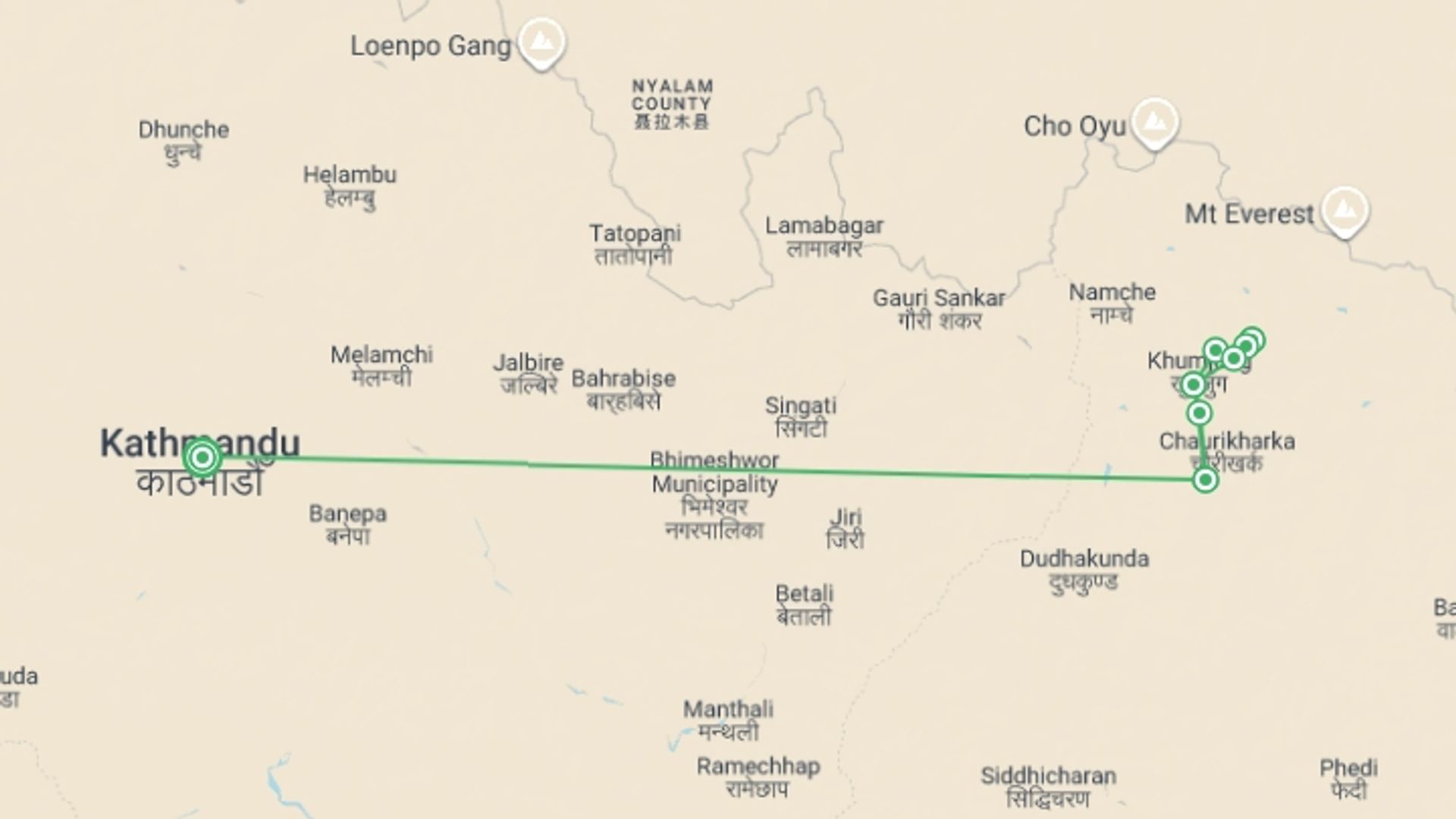 A map showing the tour itinerary for the trip: Everest Trails to Ama Dablam - Private Comfort Camps, starting in Kathmandu, Nepal and ending in Kathmandu, Nepal going through 4 other destinations.