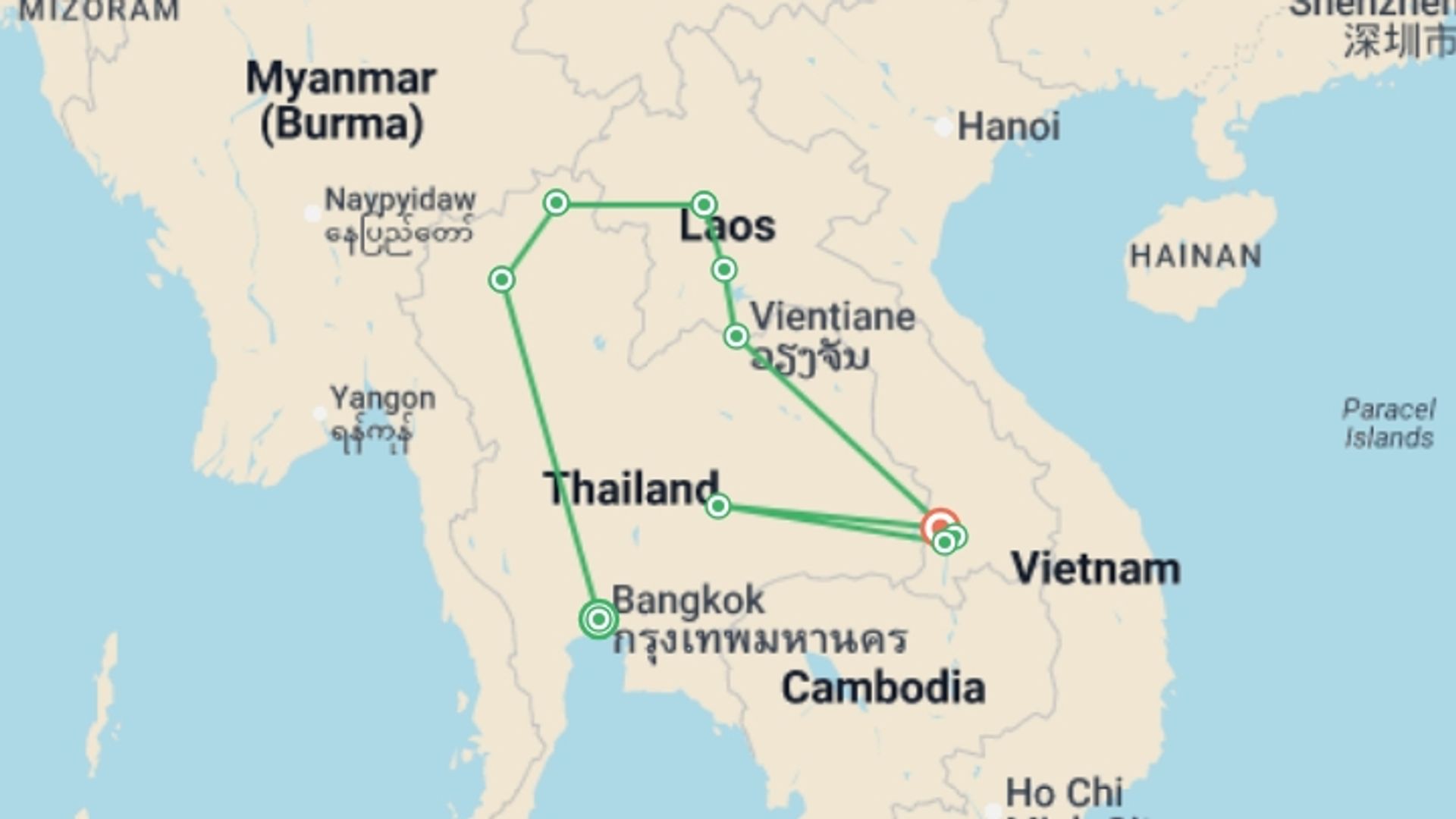 A map showing the tour itinerary for the trip: Exclusive Thailand and Complete Laos, starting in Bangkok, Thailand and ending in Pakse, Laos going through 7 other destinations.