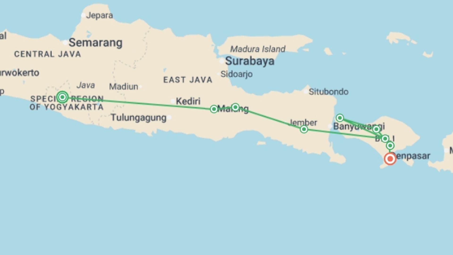 A map showing the tour itinerary for the trip: Exotic Java and Bali, starting in Yogyakarta, Indonesia and ending in Sanur, Indonesia going through 4 other destinations.