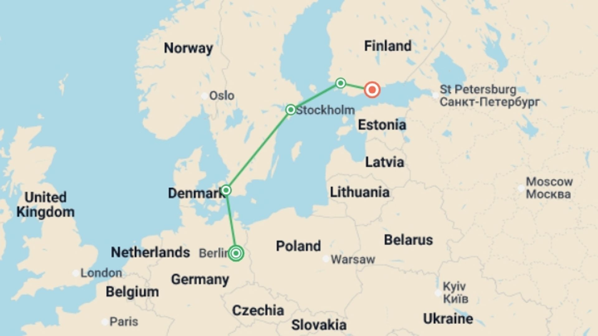A map showing the tour itinerary for the trip: Explore Berlin to Helsinki, starting in Berlin, Germany and ending in Helsinki, Finland going through 5 other destinations.